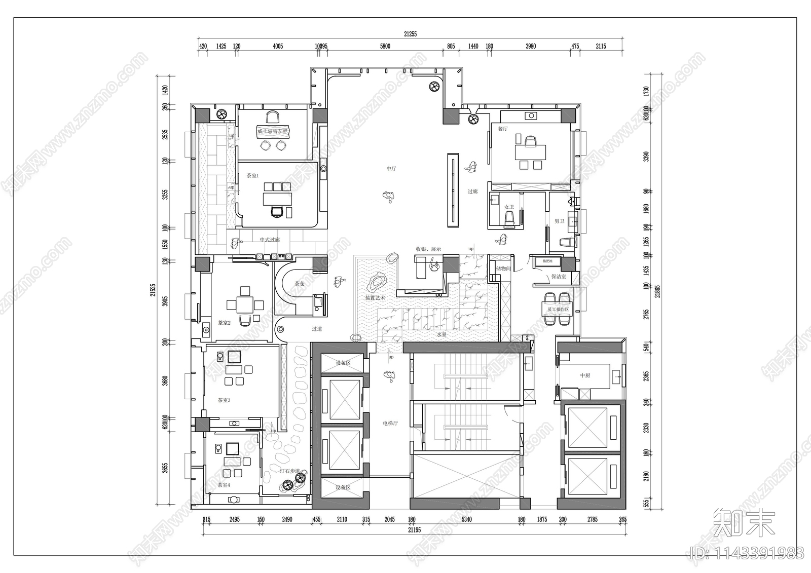 新中式茶室平面布置图cad施工图下载【ID:1143391983】