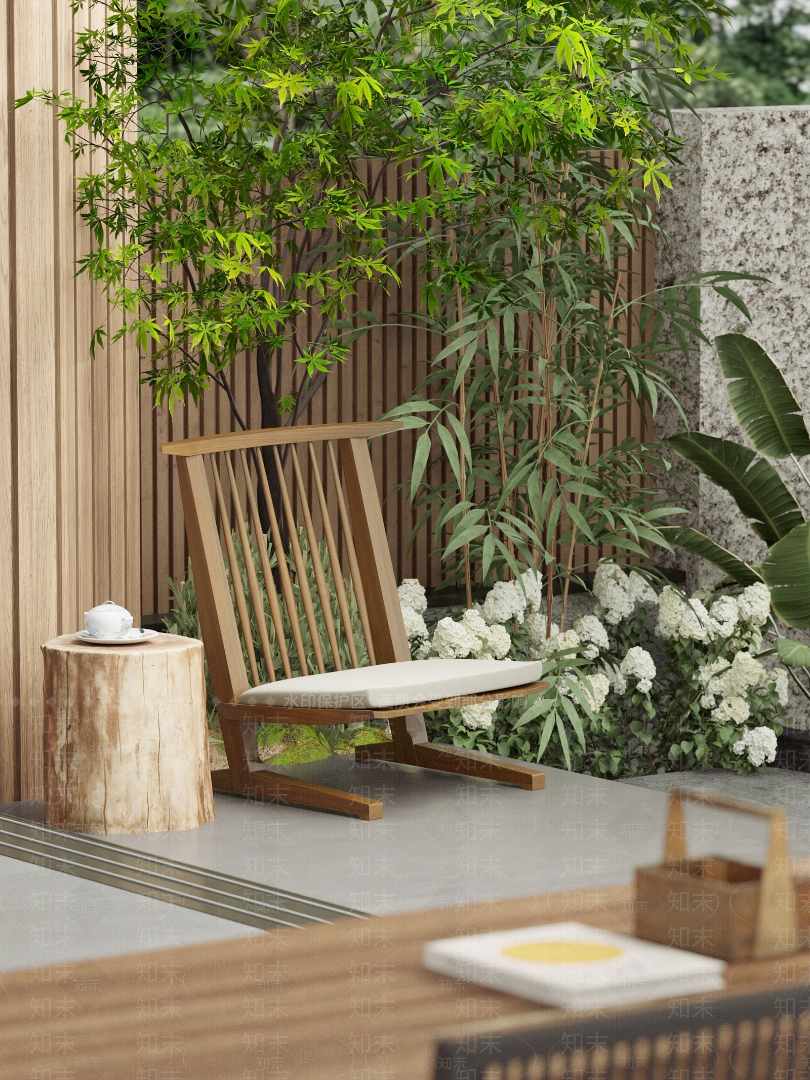 侘寂风日式花园阳台休闲椅3D模型下载【ID:1143393227】