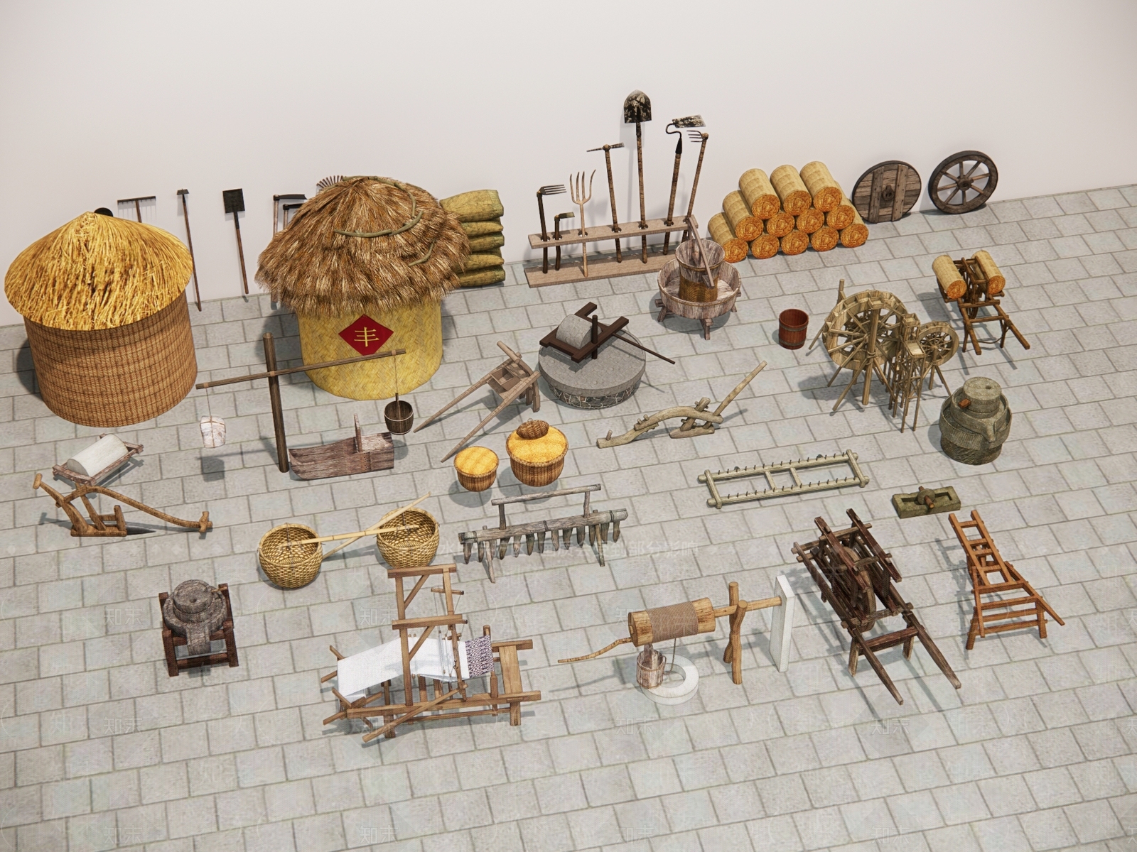 新中式农家乐农耕民俗农具小品SU模型下载【ID:1143396780】