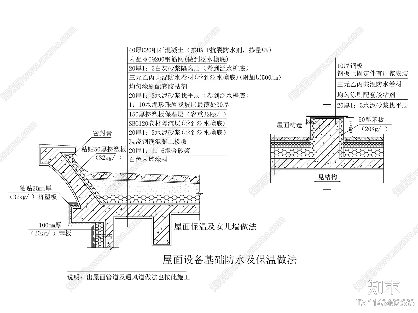 屋顶平屋面保温防水排水口通气孔节点详图施工图下载【ID:1143402683】