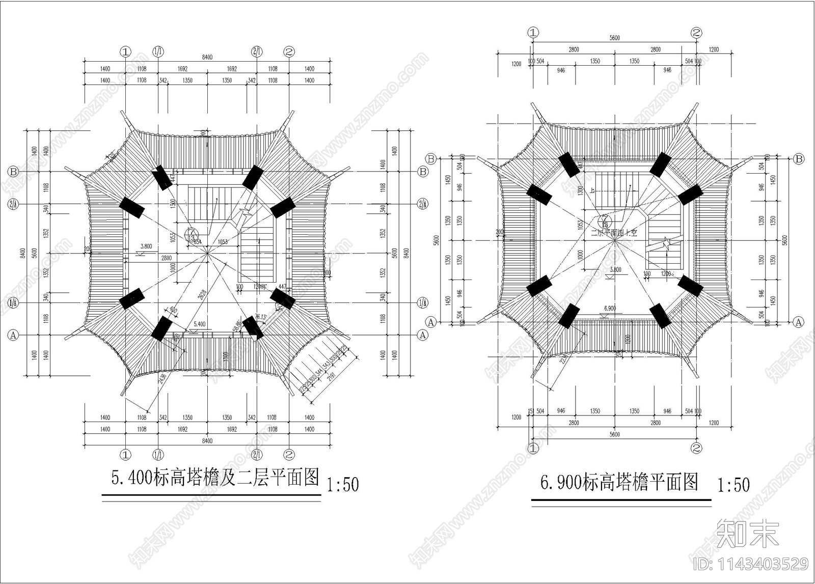 古建筑塔cad施工图下载【ID:1143403529】