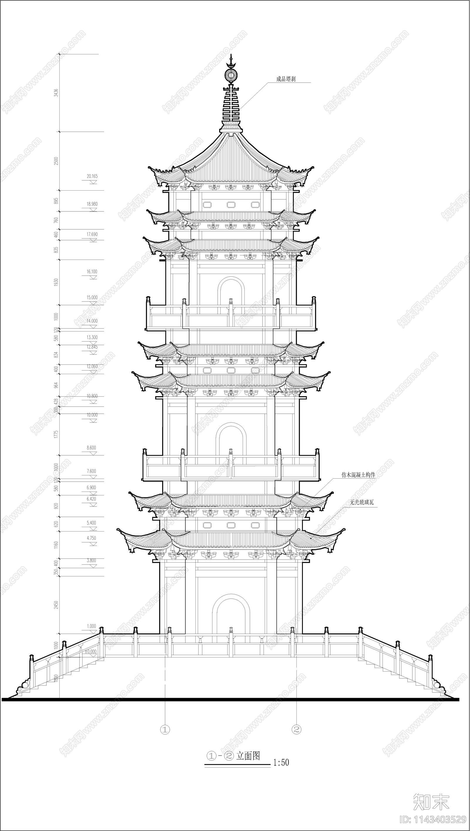 古建筑塔cad施工图下载【ID:1143403529】