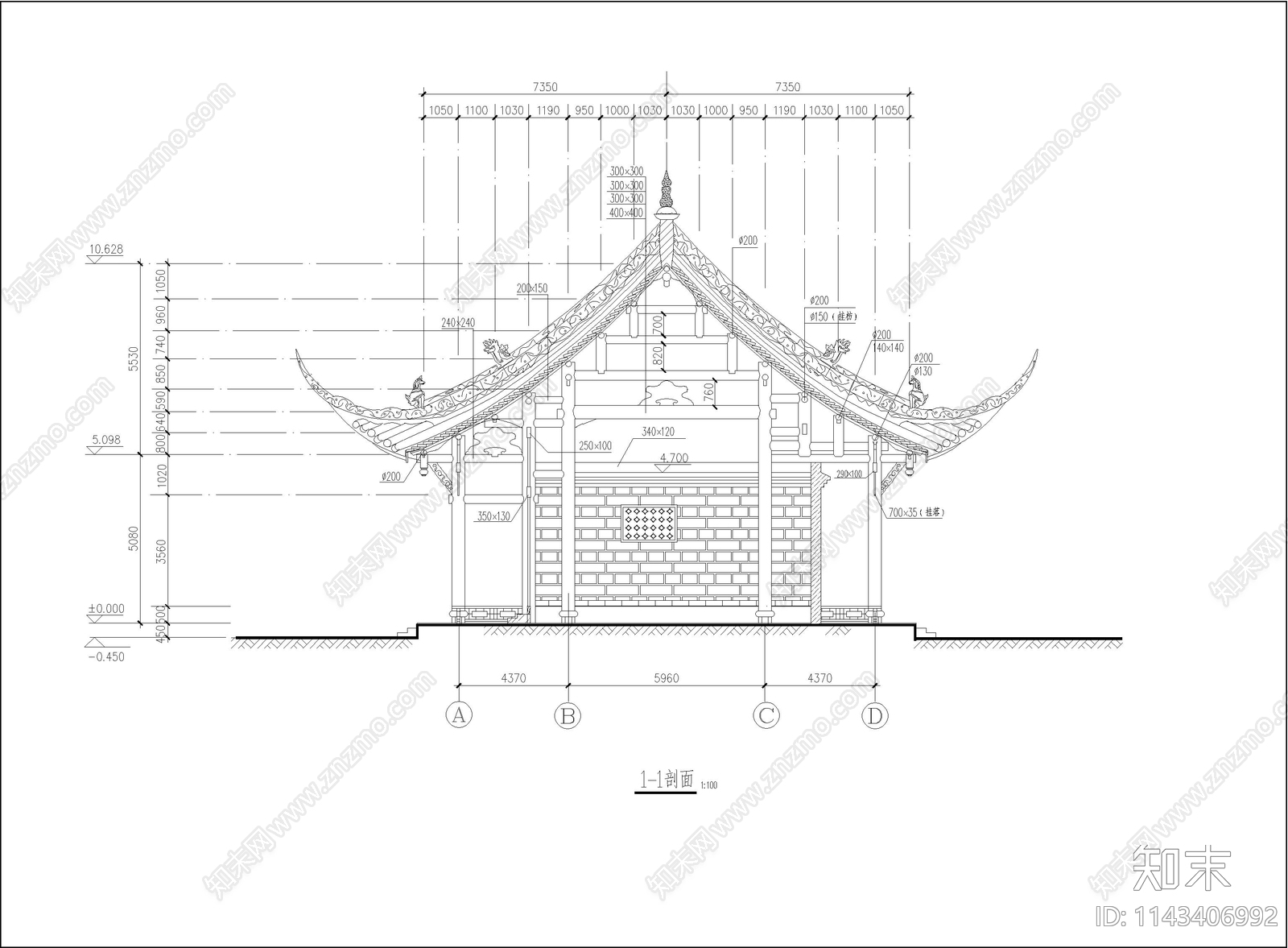 古庙建筑cad施工图下载【ID:1143406992】