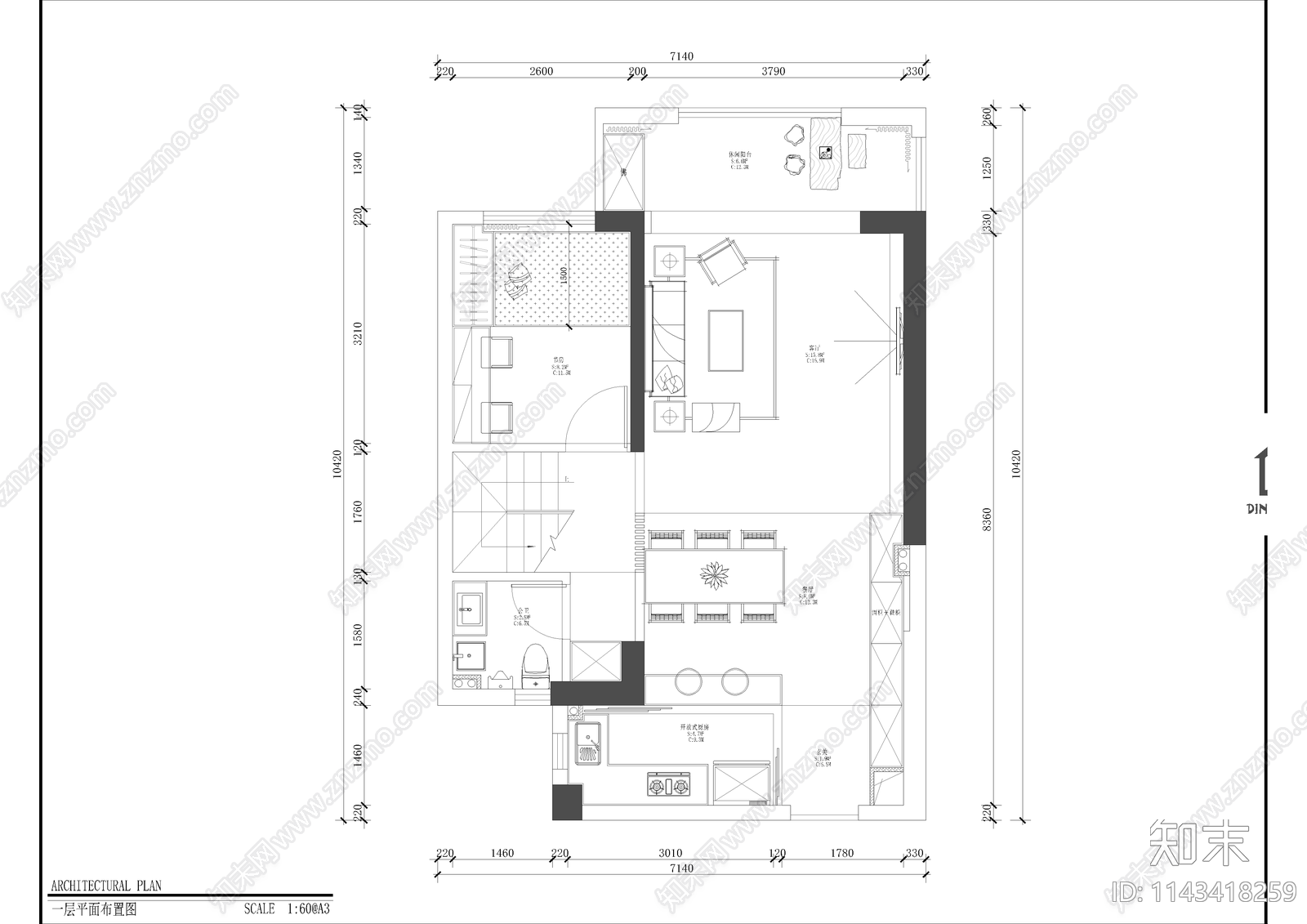 120㎡复式四房家装空间cad施工图下载【ID:1143418259】