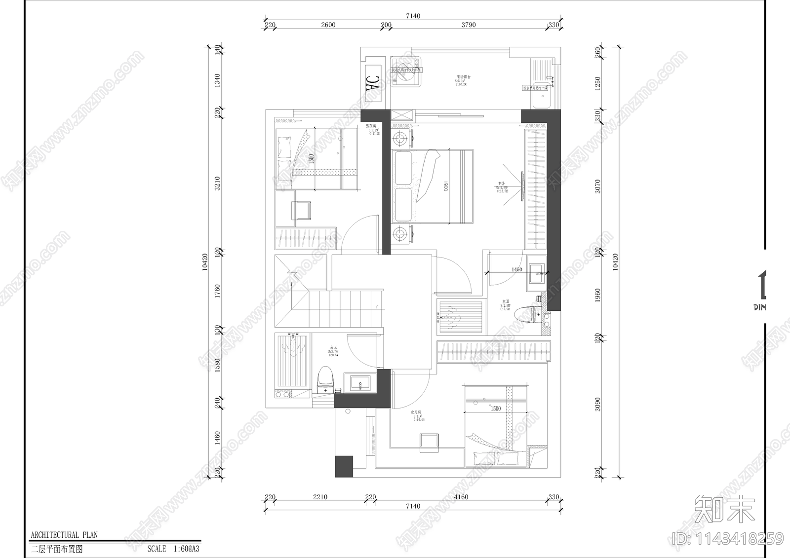 120㎡复式四房家装空间cad施工图下载【ID:1143418259】