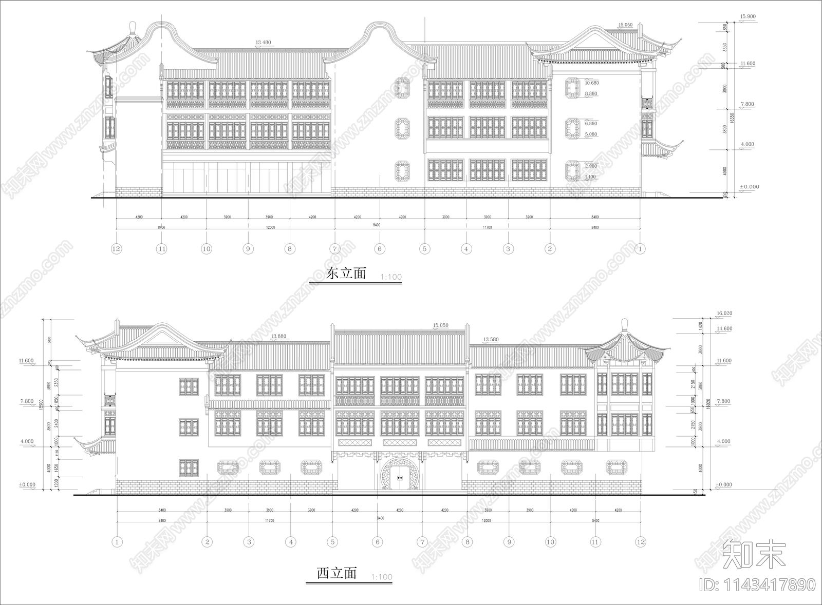 仿古会所建筑cad施工图下载【ID:1143417890】