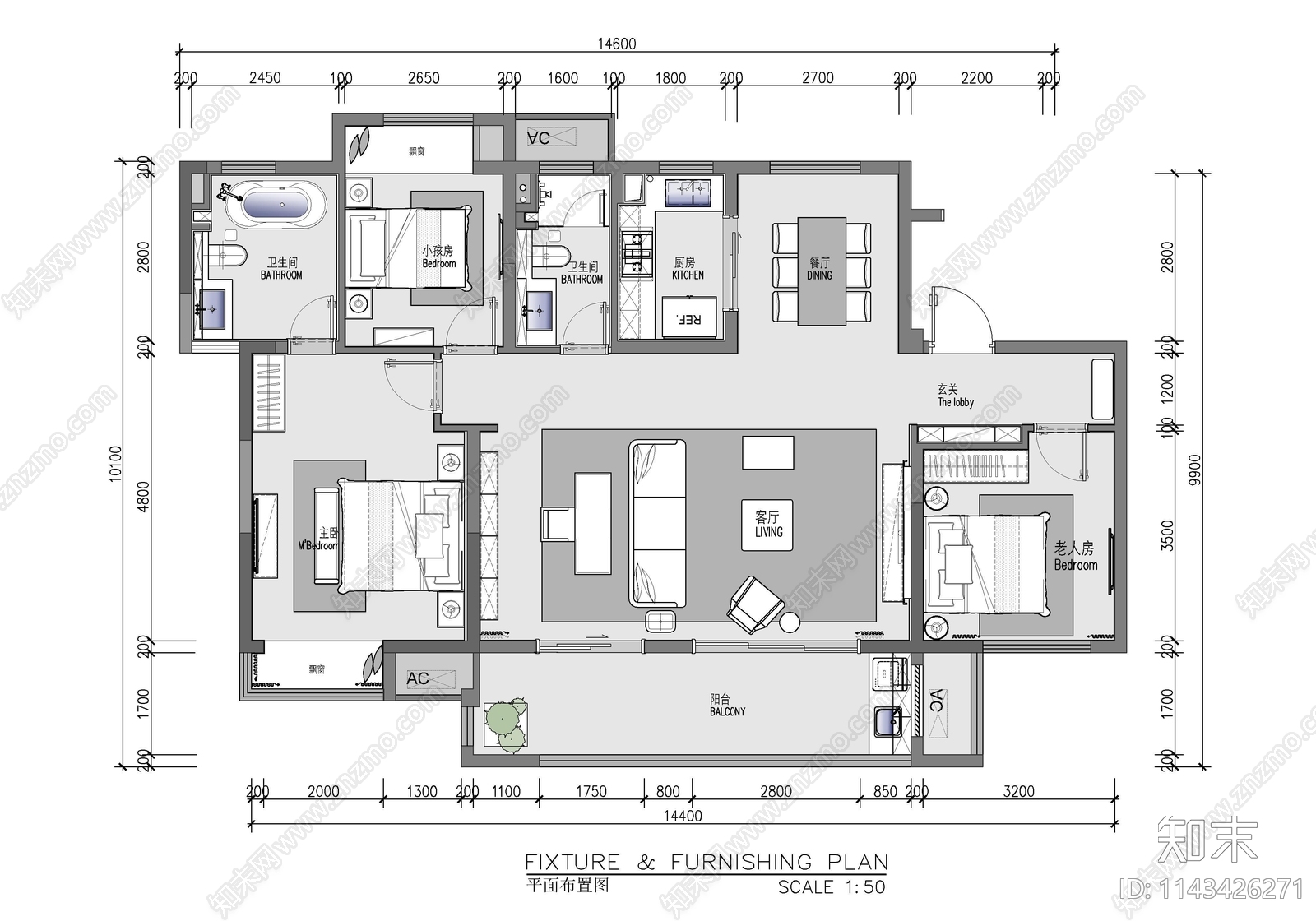 130㎡平层三居室家装室内施工图下载【ID:1143426271】