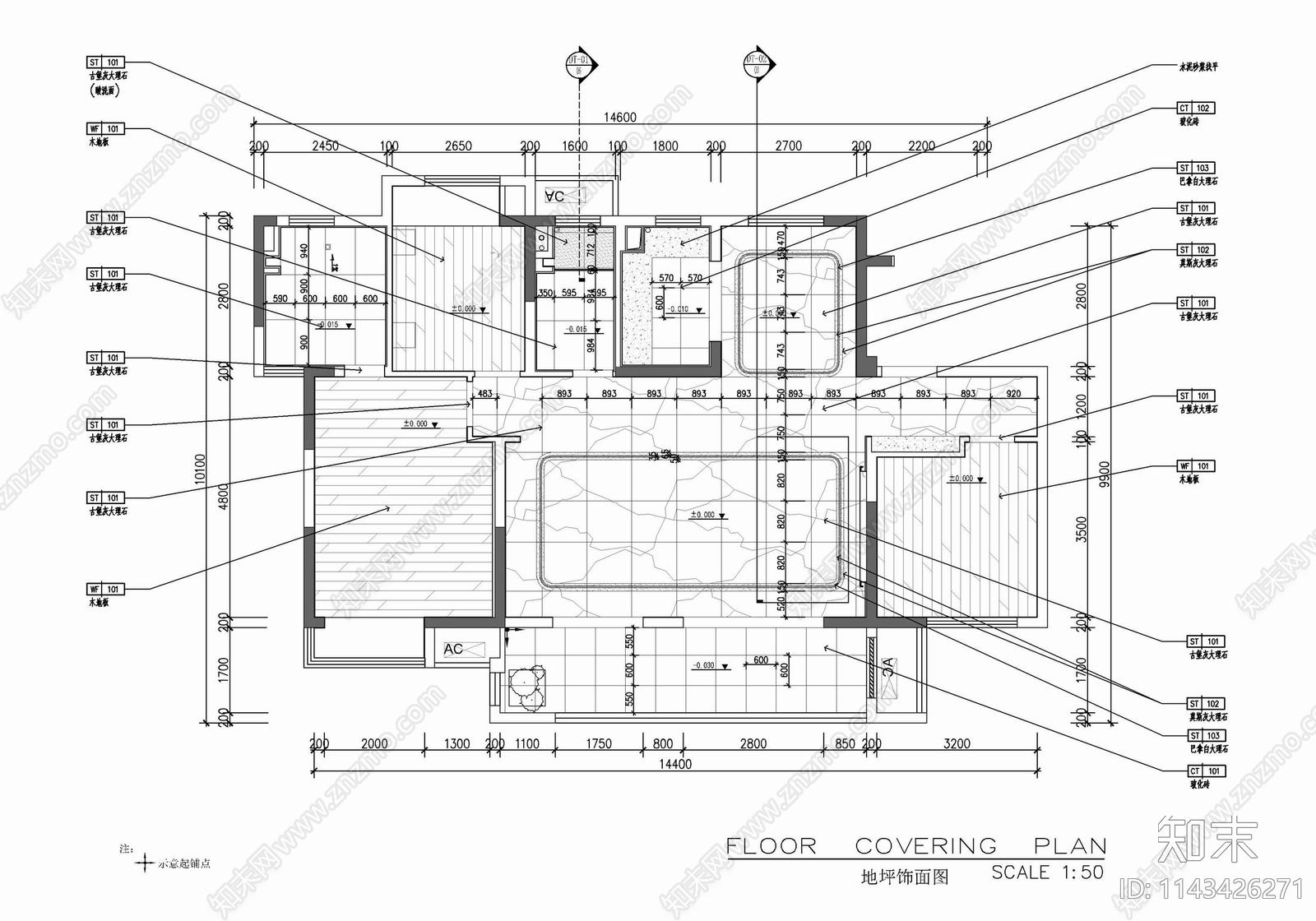 130㎡平层三居室家装室内施工图下载【ID:1143426271】