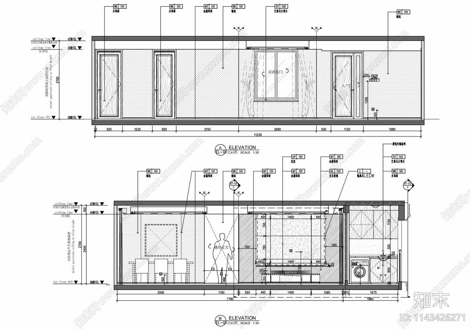 130㎡平层三居室家装室内施工图下载【ID:1143426271】