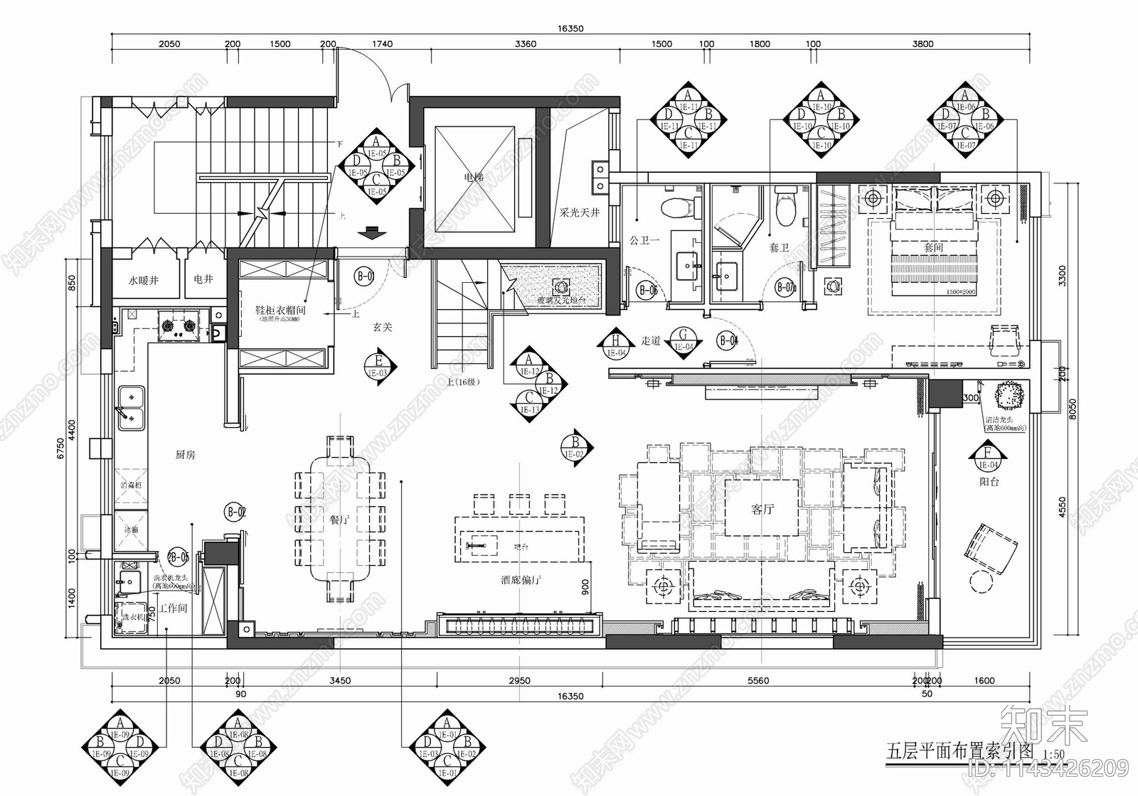 上叠别墅家装室内cad施工图下载【ID:1143426209】