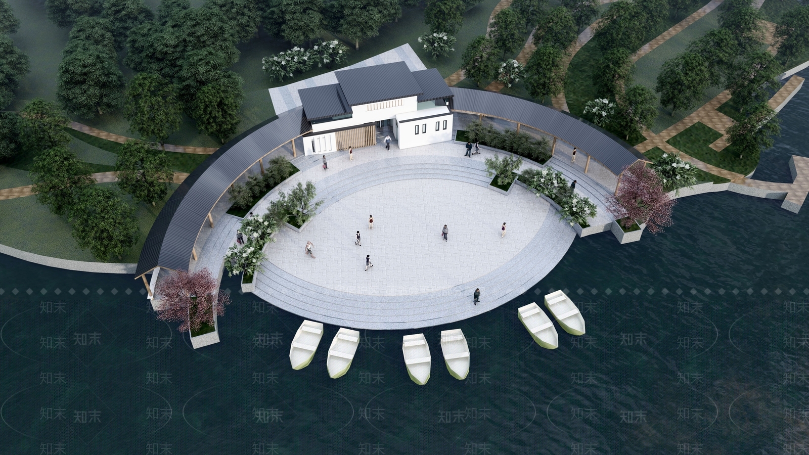 现代滨水廊架SU模型下载【ID:1143434800】