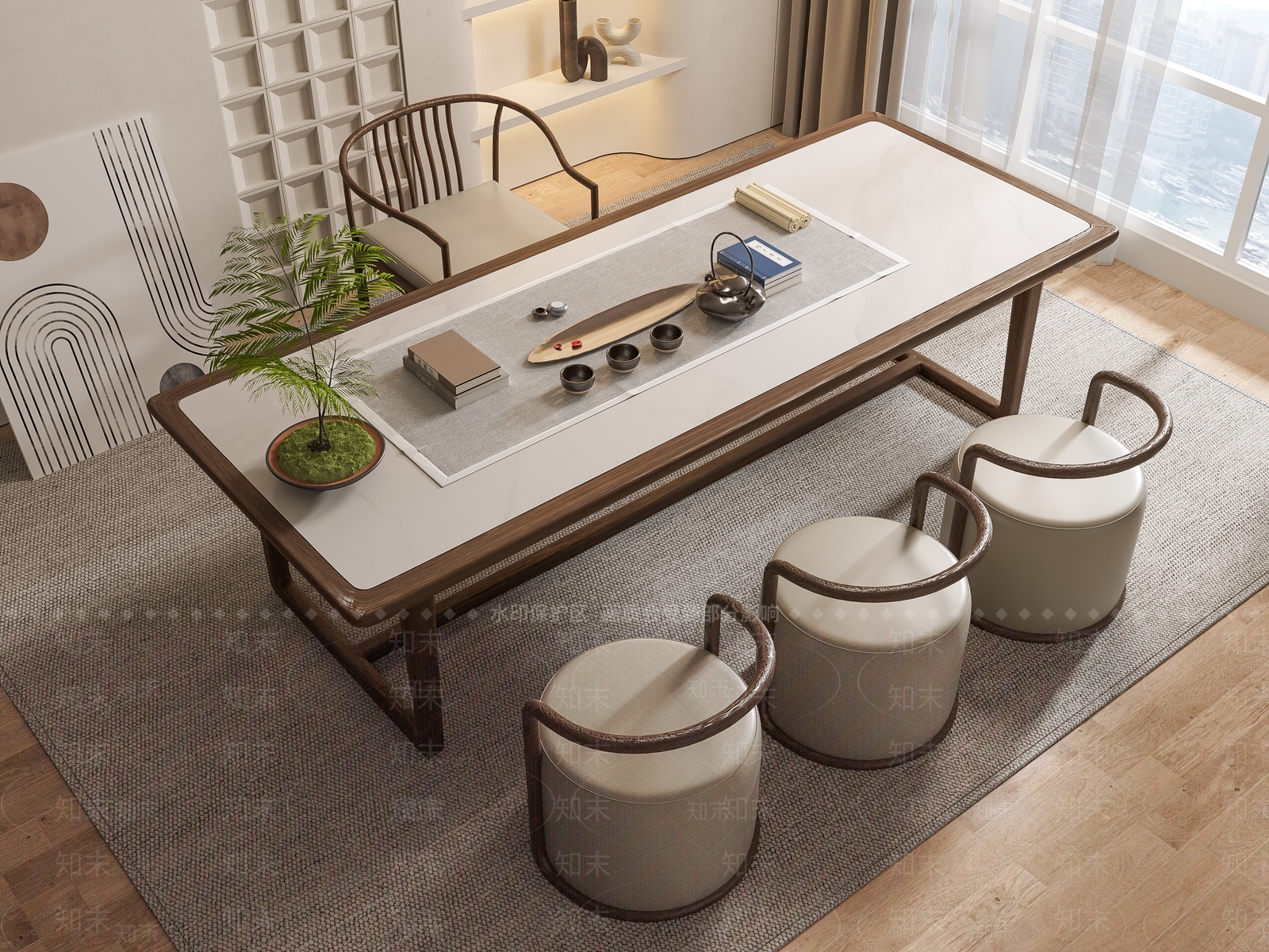 新中式茶桌椅组合3D模型下载【ID:1143436790】