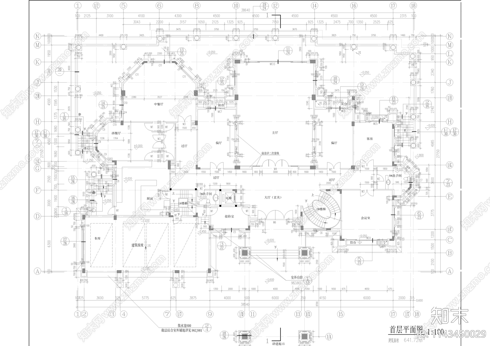 欧式别墅自建房建筑cad施工图下载【ID:1143450029】