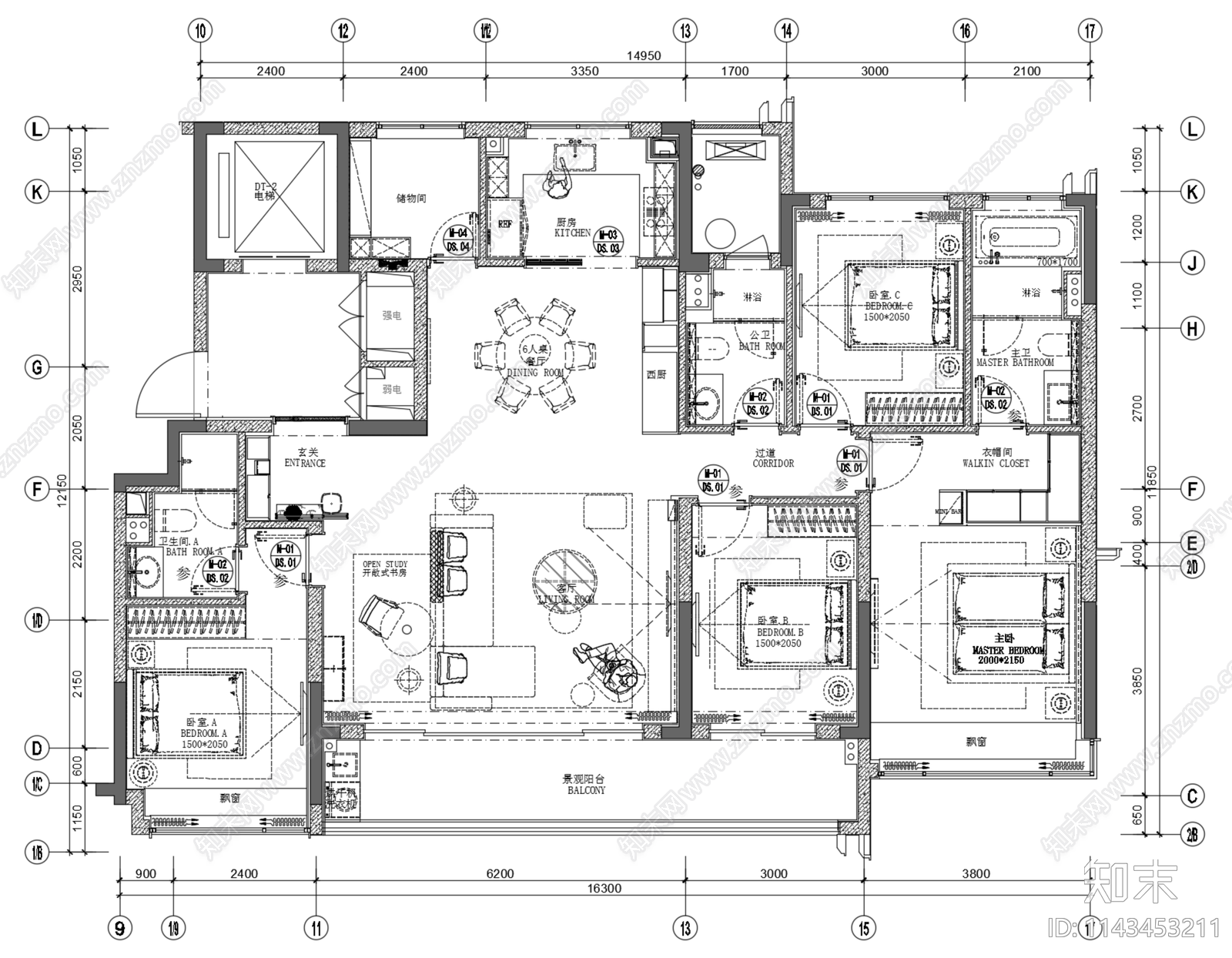 173m²平层样板间室内cad施工图下载【ID:1143453211】