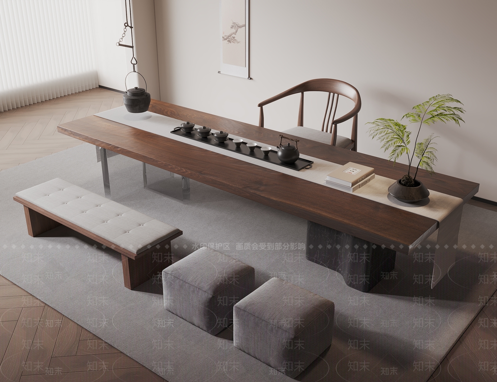 中式茶桌椅组合3D模型下载【ID:1143468811】