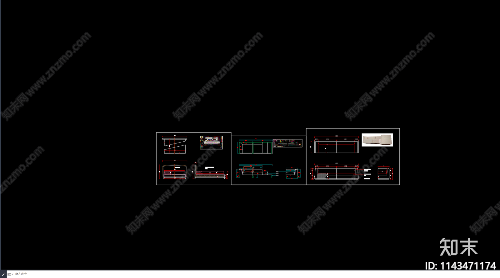 软体沙发长沙发三视图cad施工图下载【ID:1143471174】