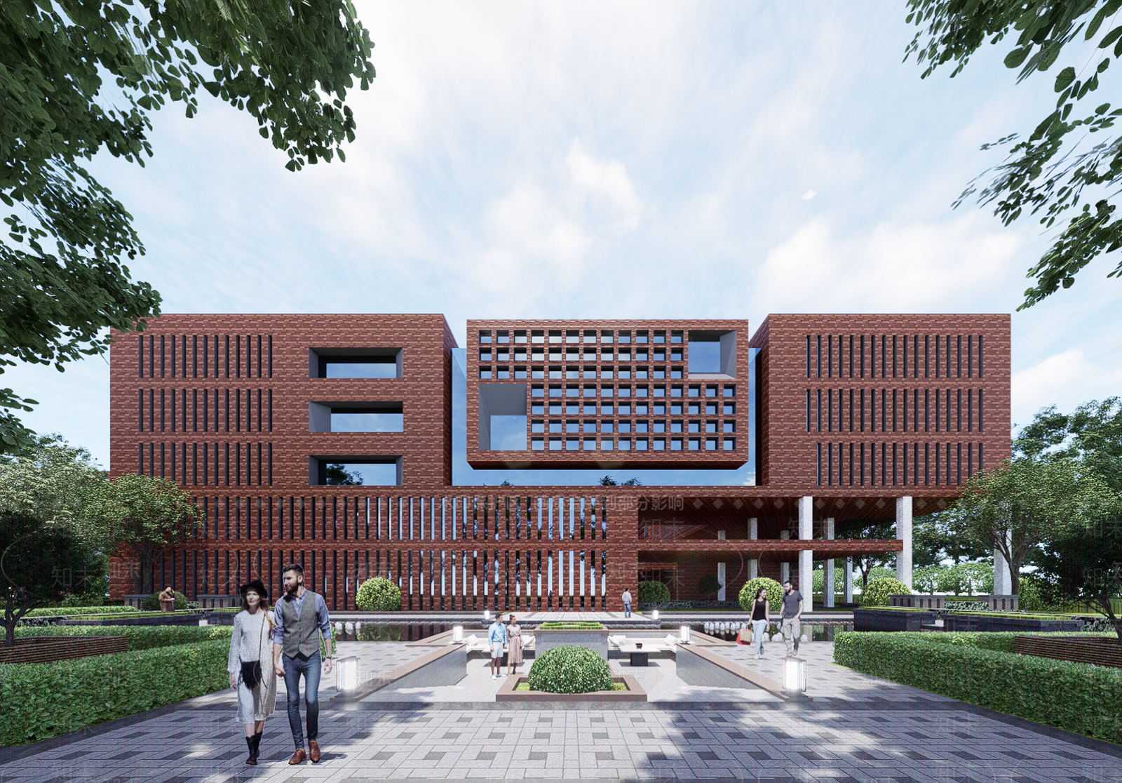 现代红砖风格学校教学楼SU模型下载【ID:1143471592】