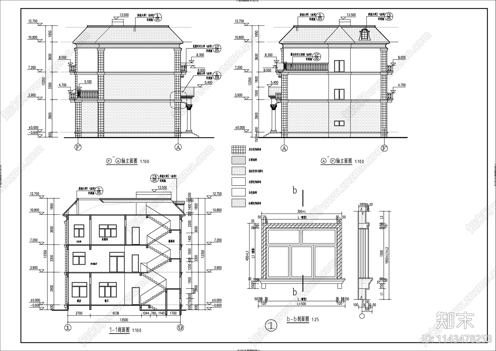 欧式多层别墅建筑cad施工图下载【ID:1143478253】