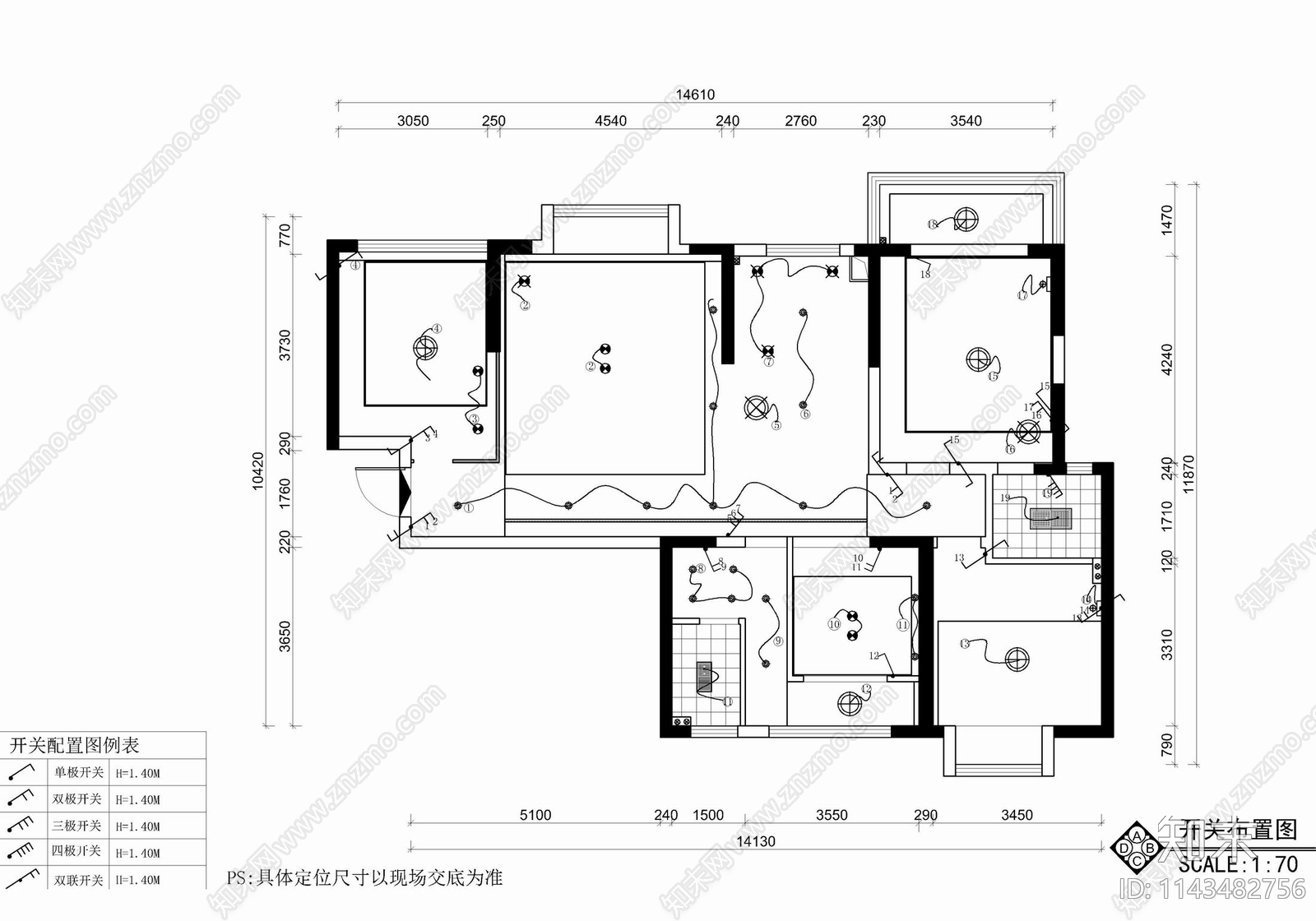 135㎡三居室家装室内cad施工图下载【ID:1143482756】