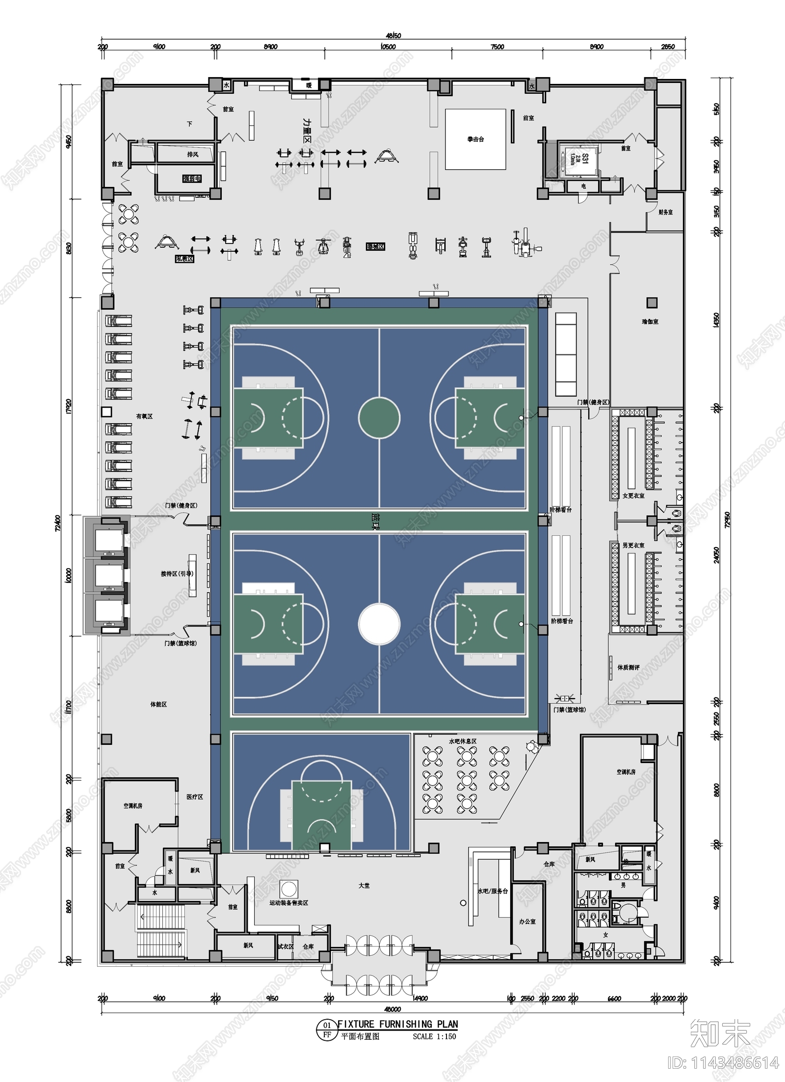 3500㎡篮球场健身房会所平面布置图施工图下载【ID:1143486614】