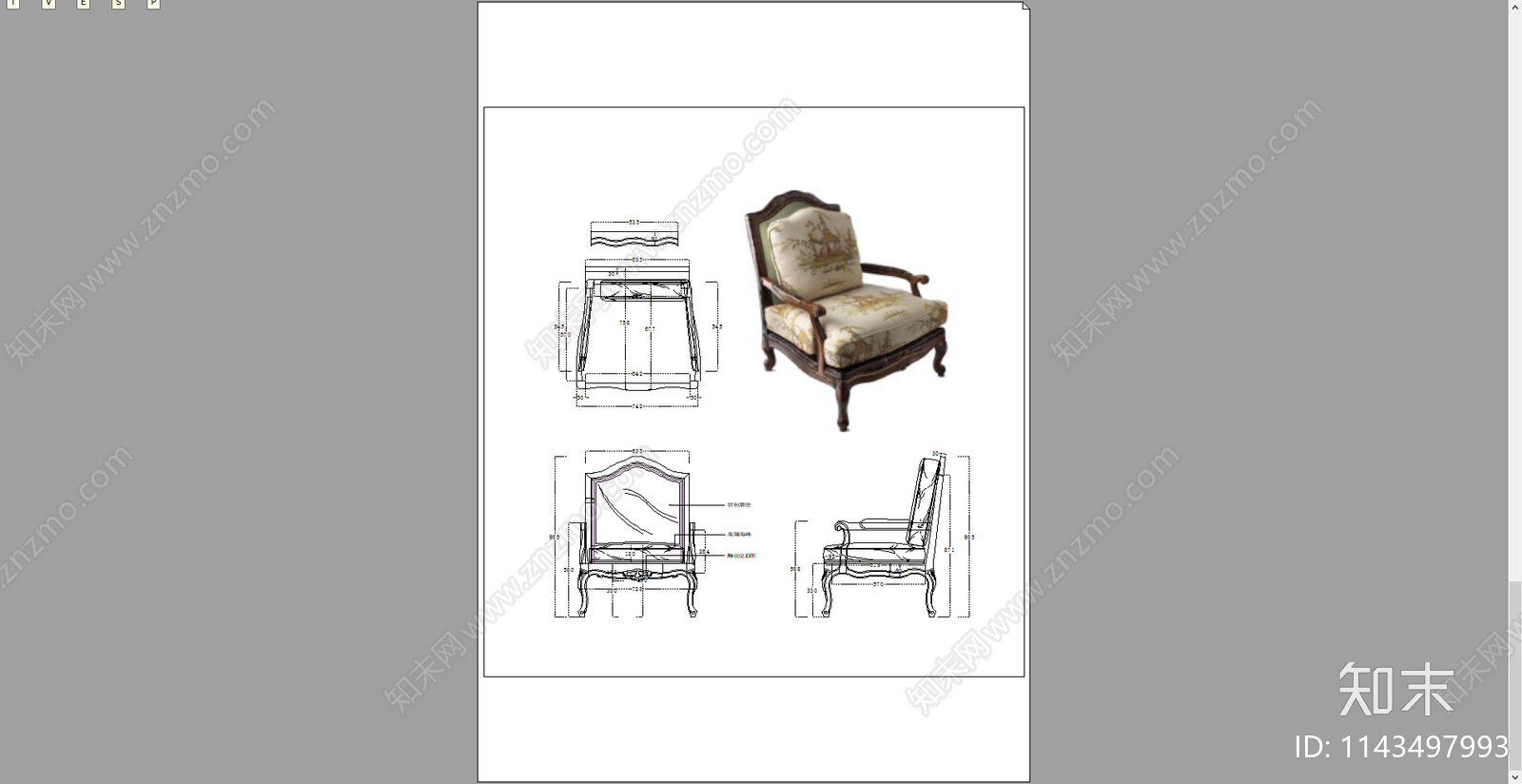 欧式单人沙发休闲沙发三视图cad施工图下载【ID:1143497993】
