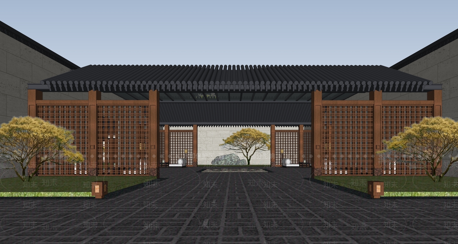 新中式售楼处建筑SU模型下载【ID:1143509173】