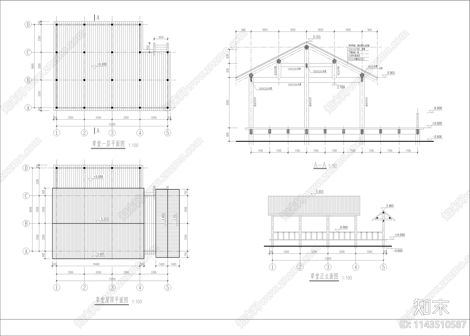 仿古草堂建筑cad施工图下载【ID:1143510587】