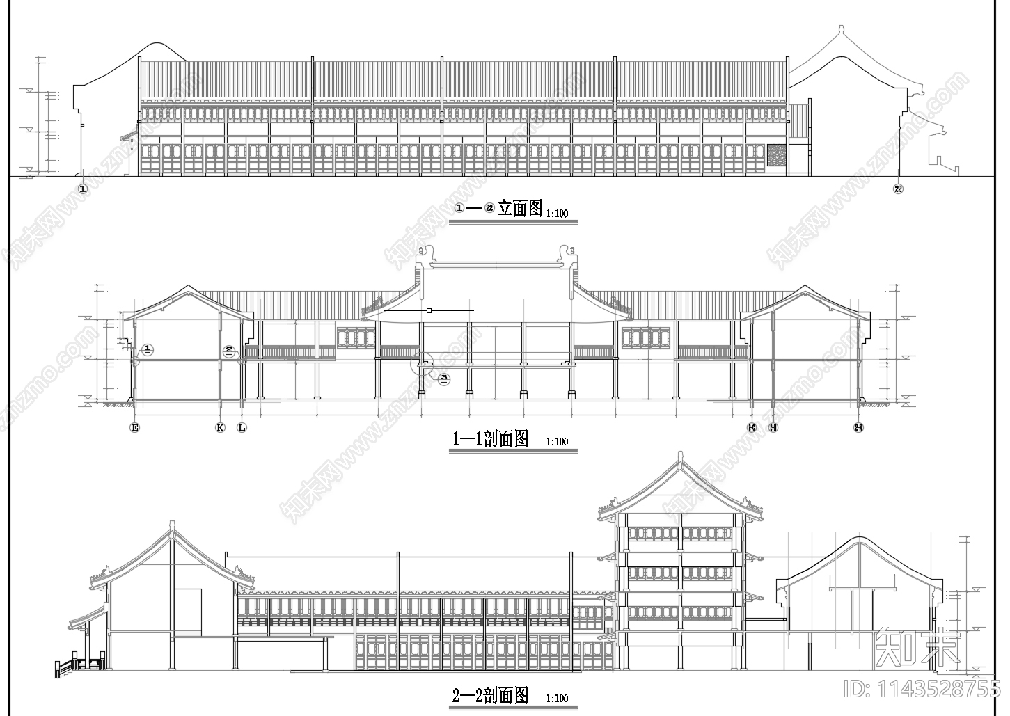 徽派四合院建筑cad施工图下载【ID:1143528755】