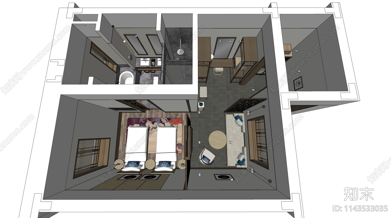 新中式民宿客房鸟瞰SU模型下载【ID:1143533035】