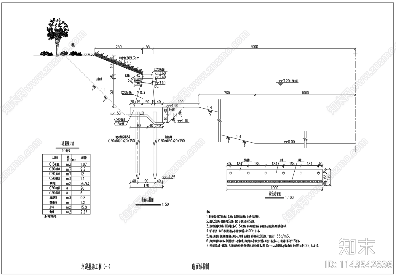 河道整治砼板桩生态护坡断面cad施工图下载【ID:1143542836】