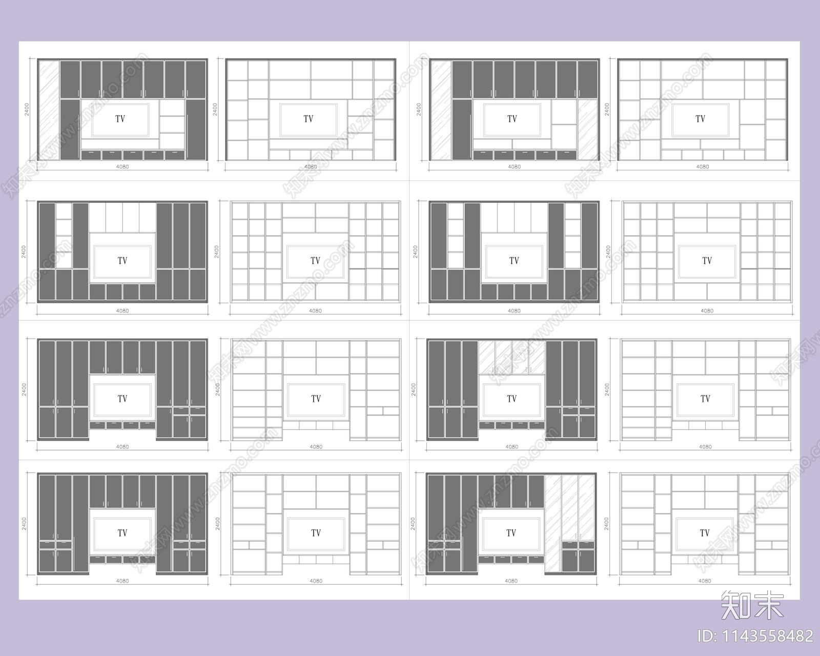 电视墙柜cad施工图下载【ID:1143558482】