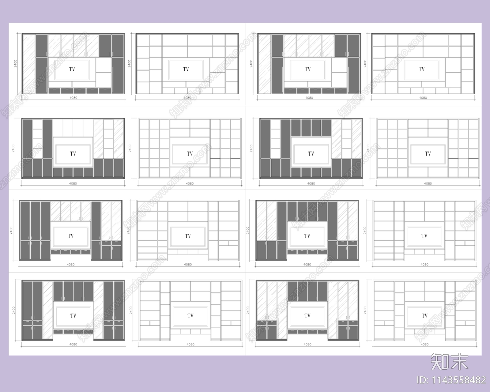 电视墙柜cad施工图下载【ID:1143558482】