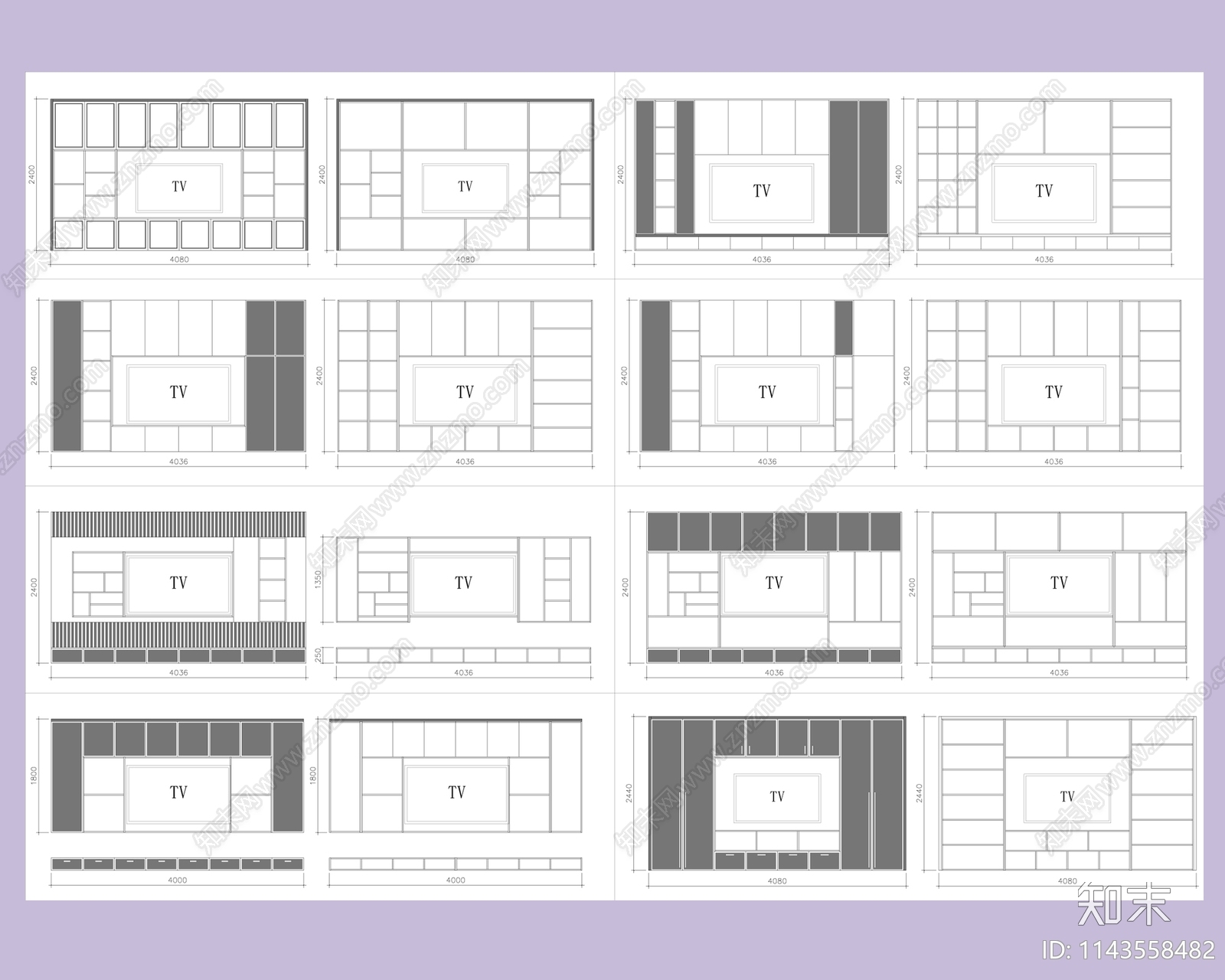 电视墙柜cad施工图下载【ID:1143558482】