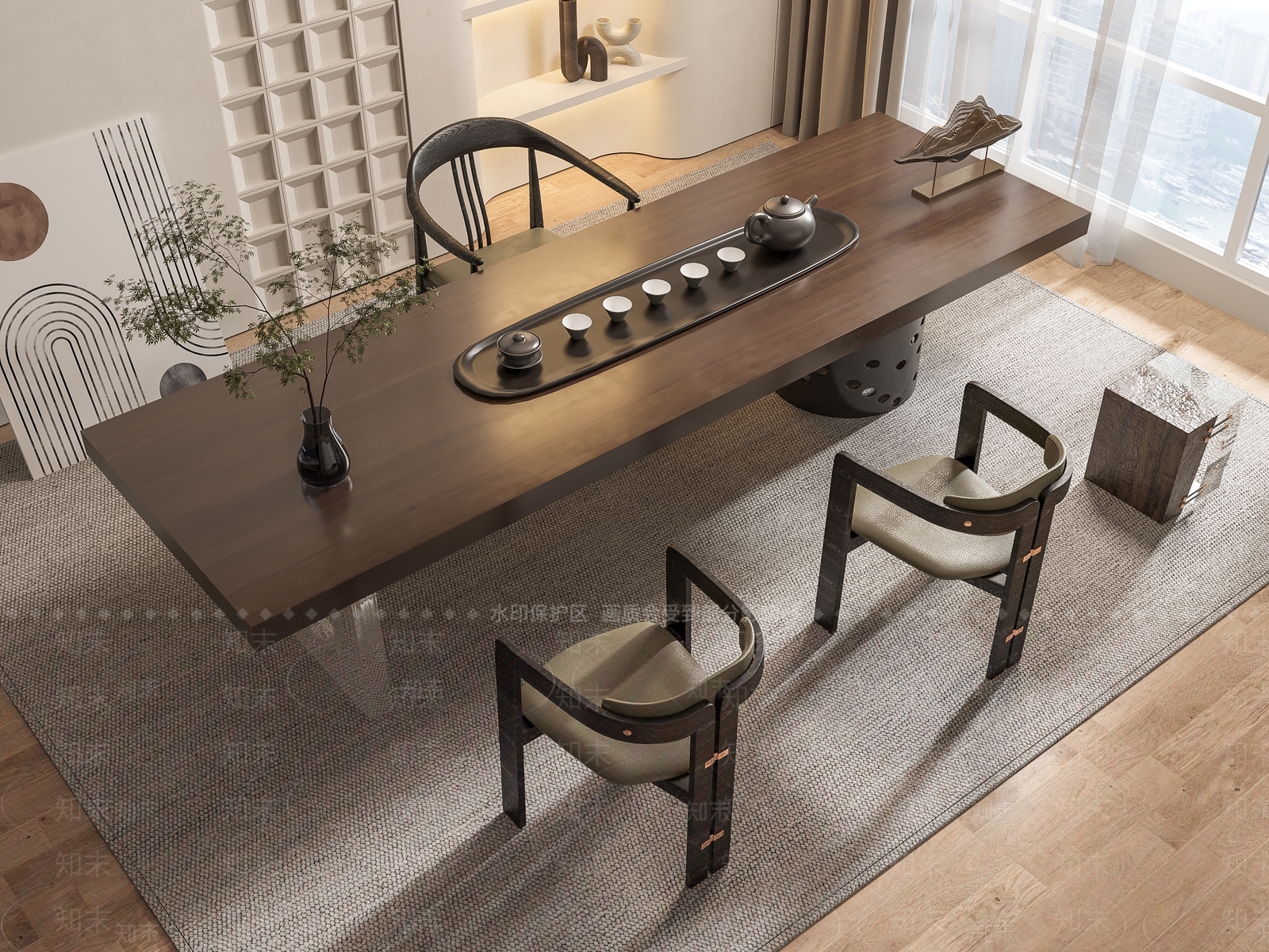 新中式茶桌椅组合3D模型下载【ID:1143559790】
