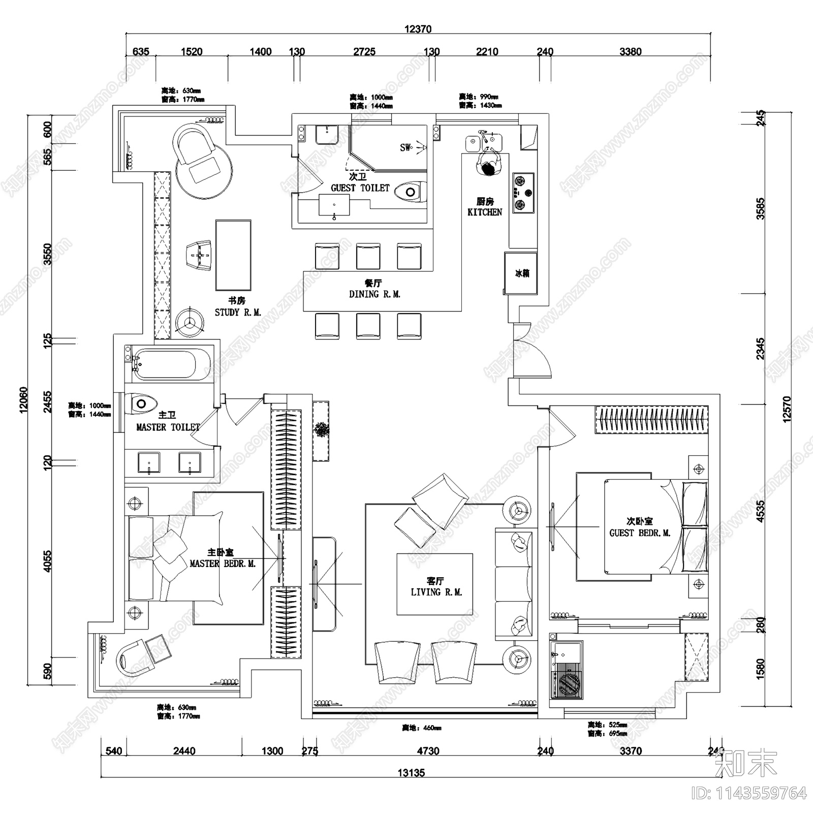 现代简约周庄大平层室内家装cad施工图下载【ID:1143559764】