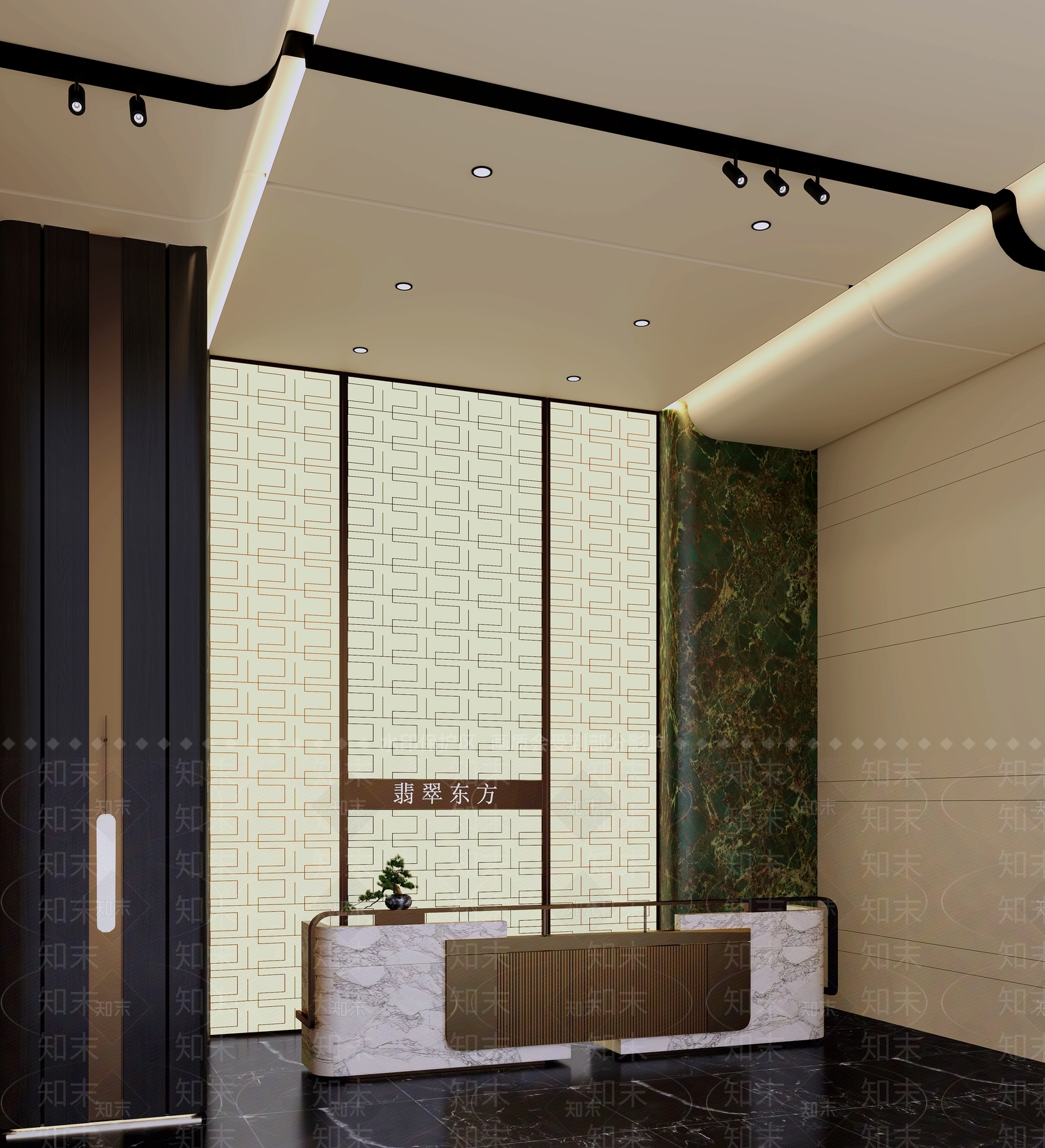 现代售楼处大厅前台公司接待台3D模型下载【ID:1143560506】