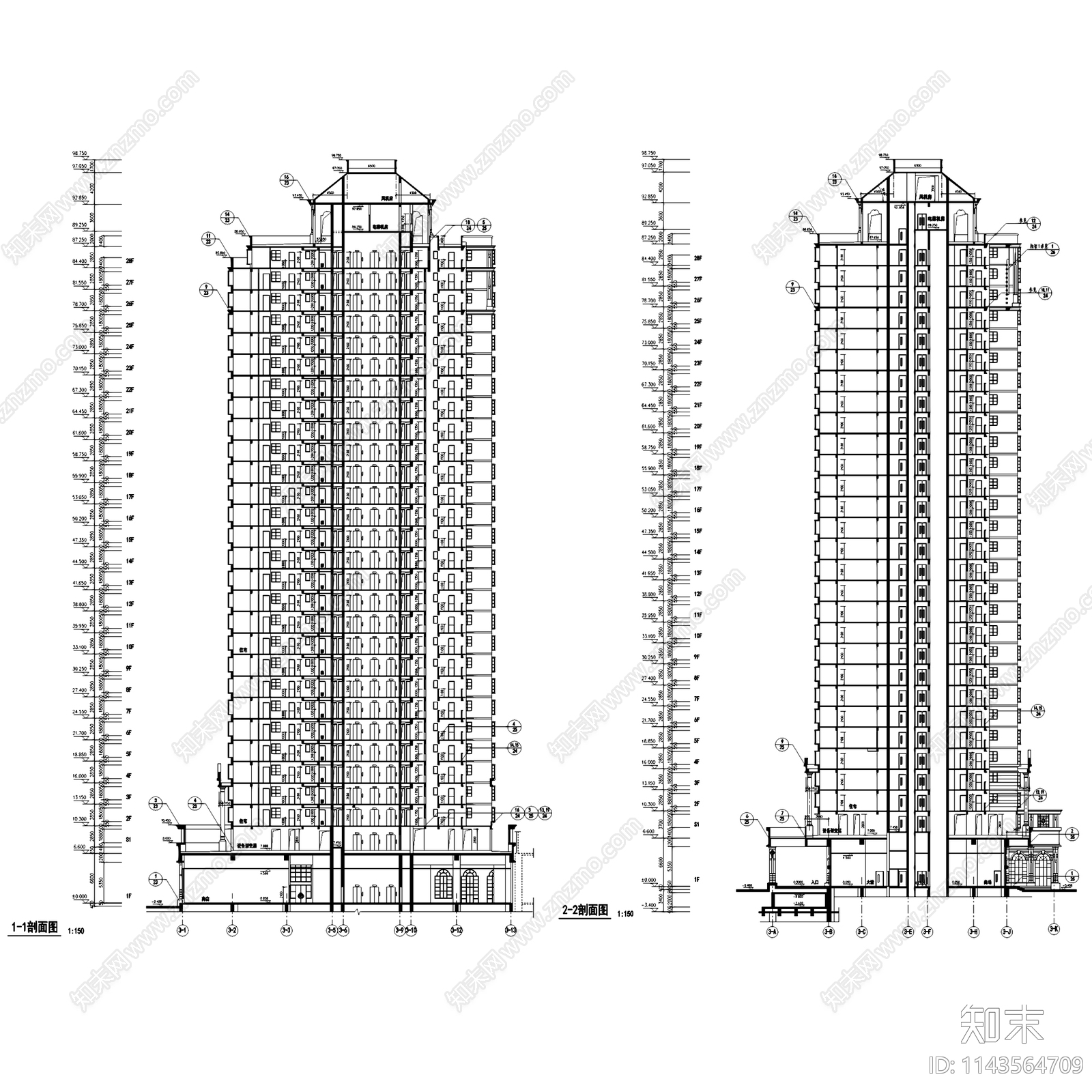 深圳利是佳商住大厦建筑cad施工图下载【ID:1143564709】