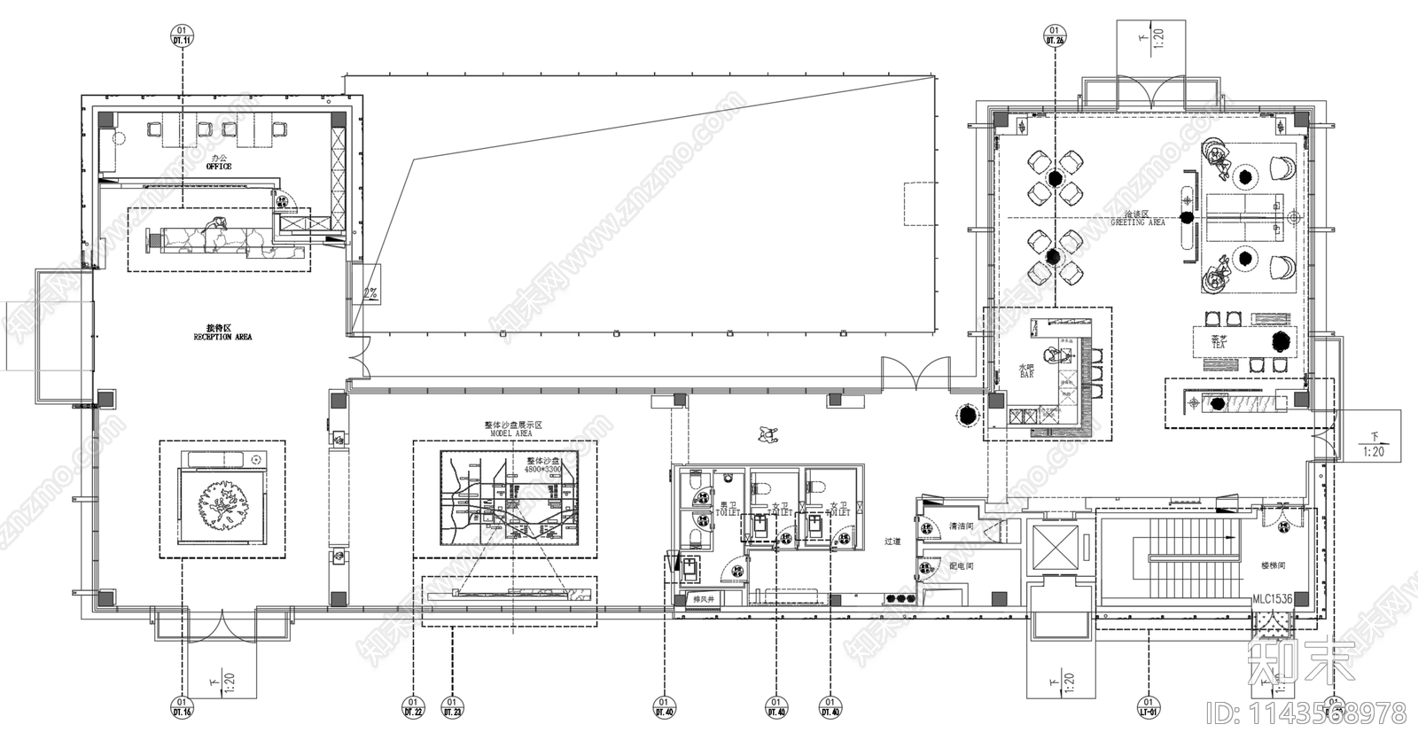 600m²南京售楼部室内装修cad施工图下载【ID:1143568978】