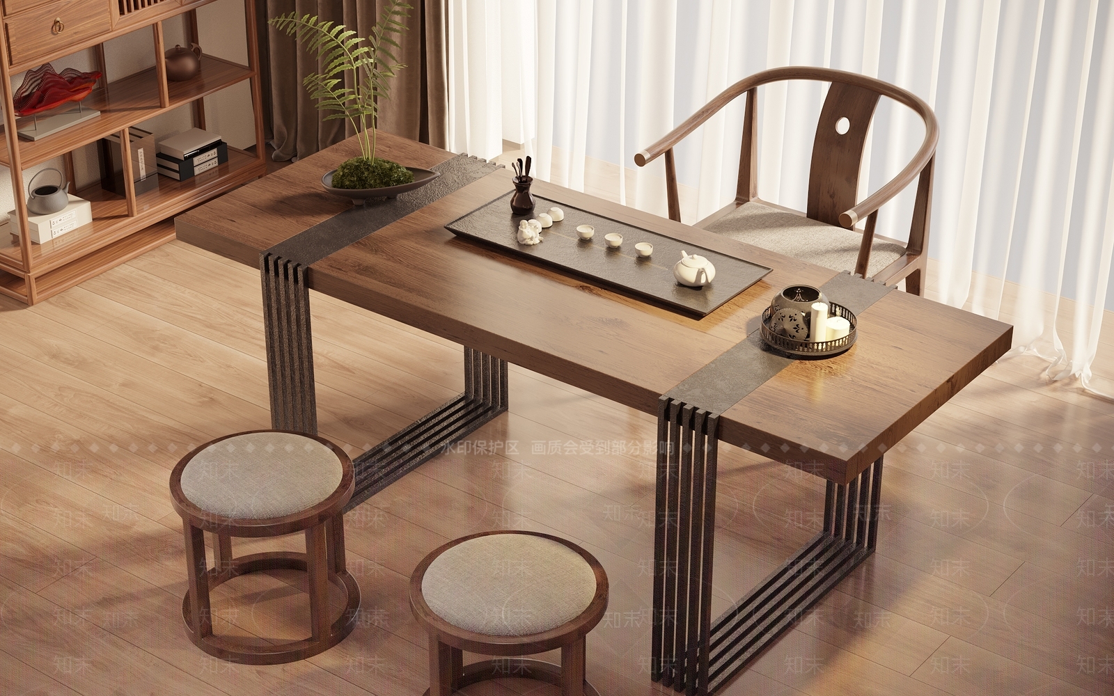 新中式茶桌椅组合3D模型下载【ID:1143576209】