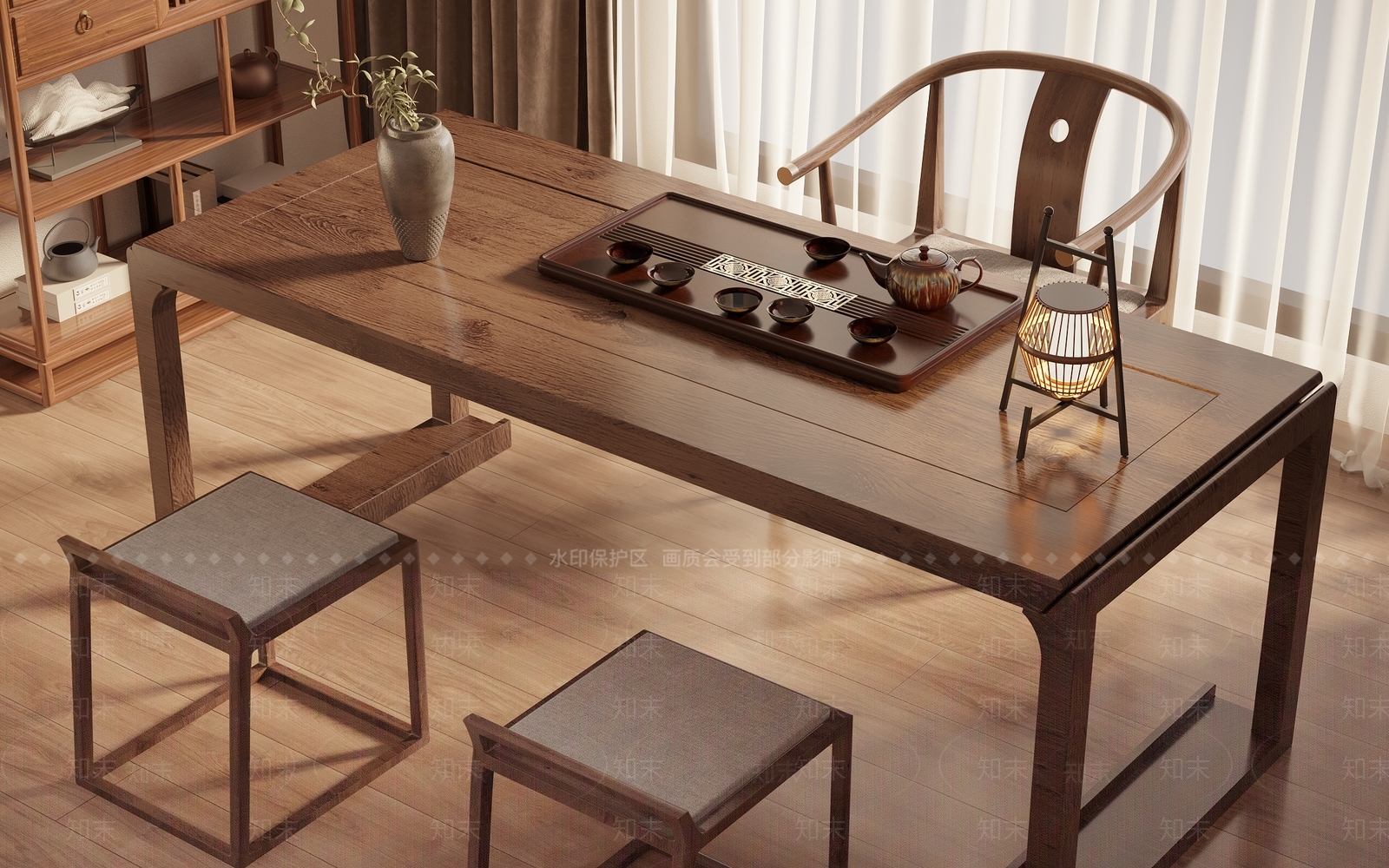 新中式茶桌椅组合3D模型下载【ID:1143576484】