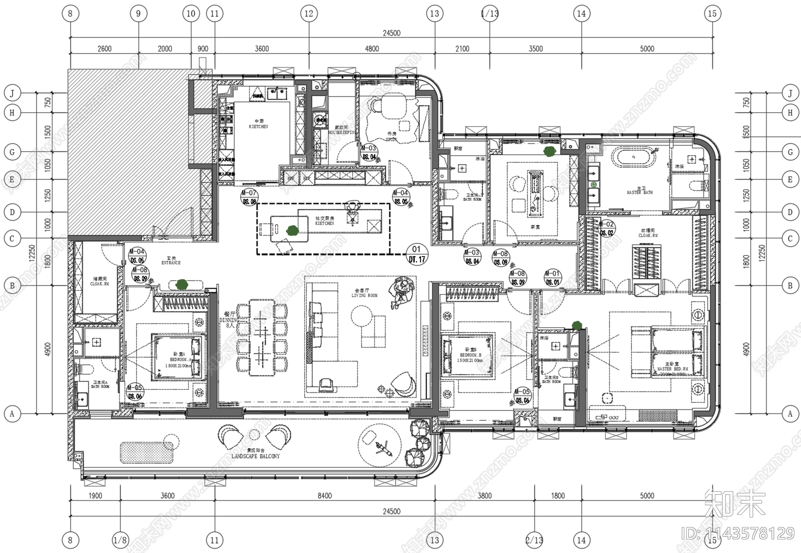 315m²现代风大平层样板间cad施工图下载【ID:1143578129】