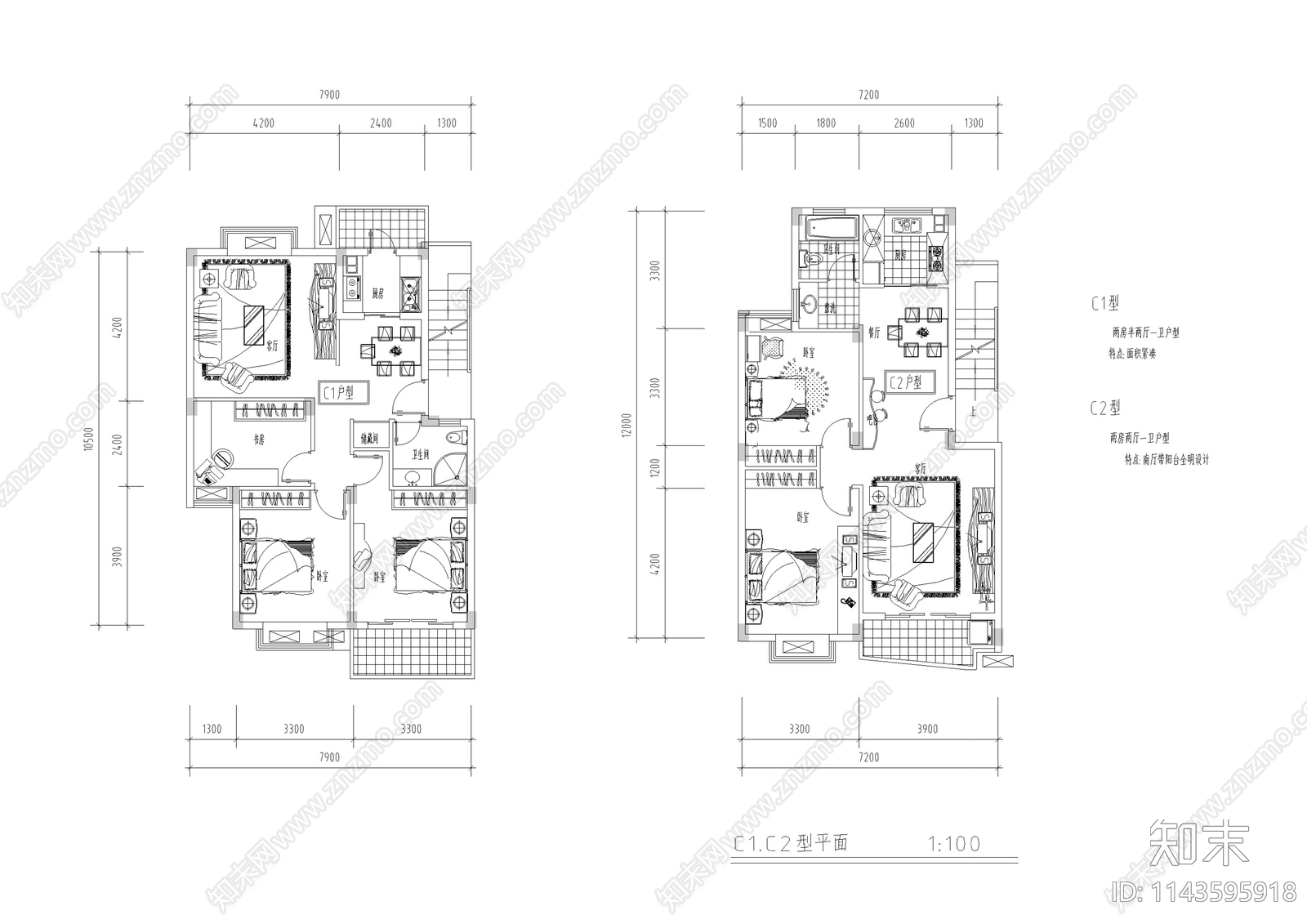 跃层住宅户型平面图施工图下载【ID:1143595918】