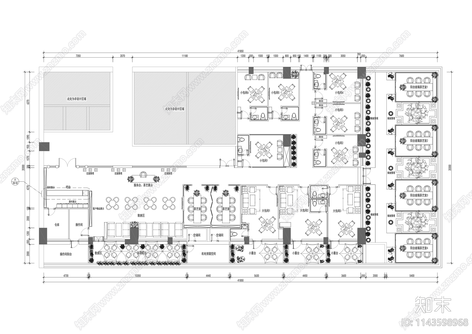 800㎡茶楼棋牌室室内装修cad施工图下载【ID:1143598968】