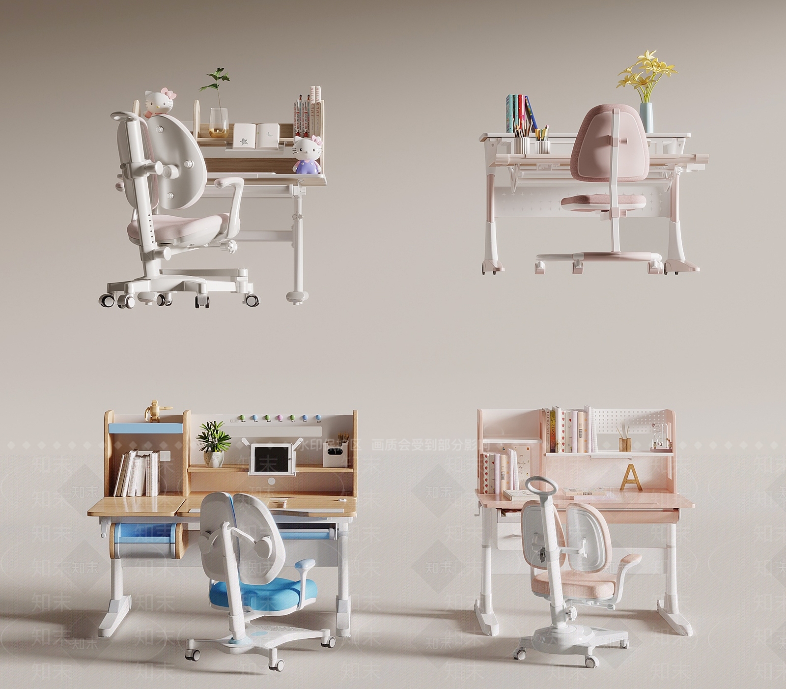现代儿童书桌椅组合3D模型下载【ID:1143599833】