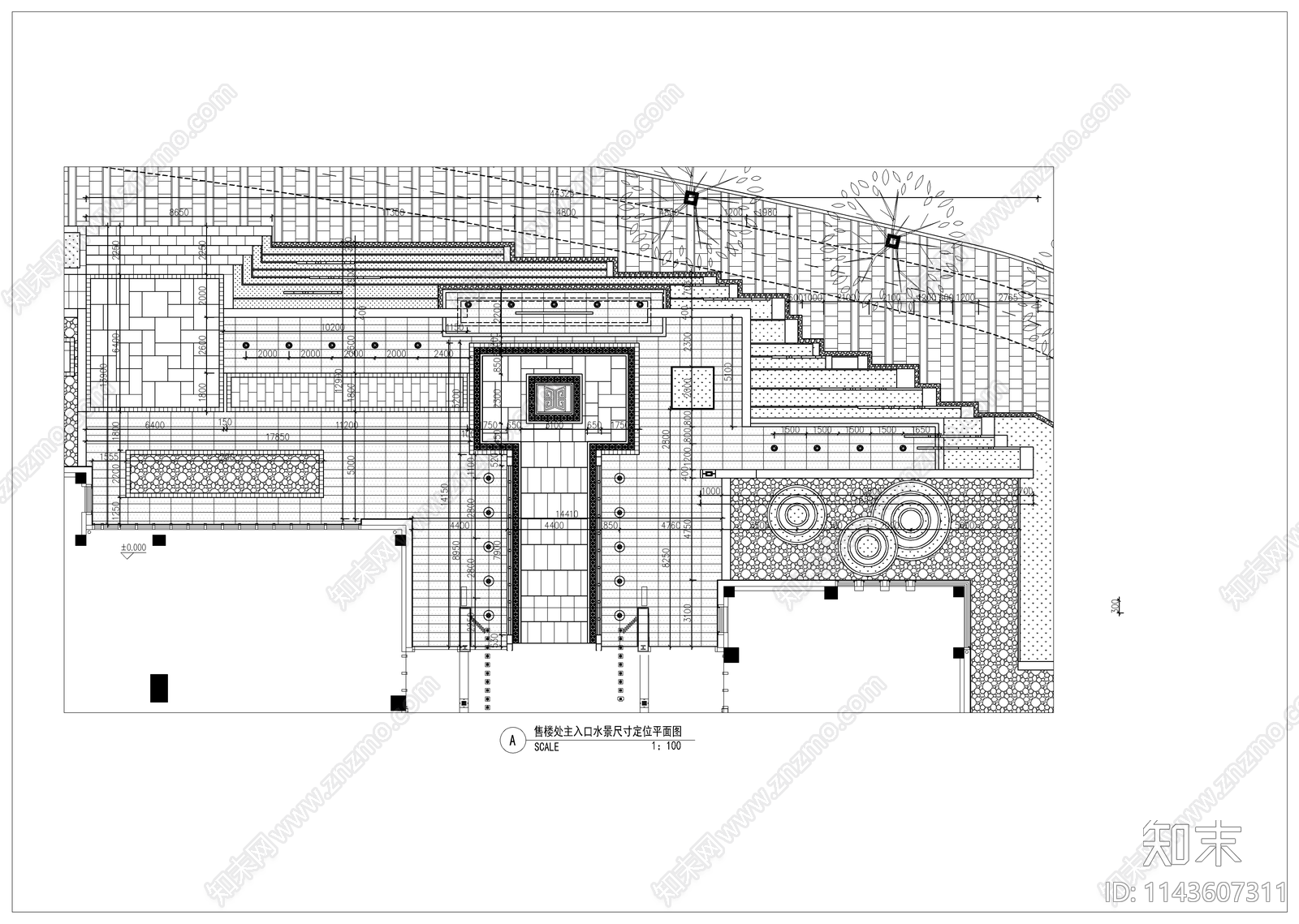 新中式售楼处主入口水景cad施工图下载【ID:1143607311】