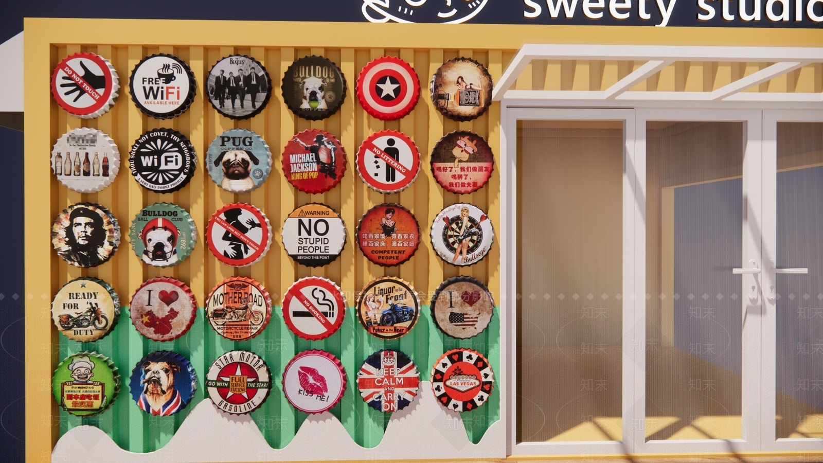 工业风啤酒瓶盖装饰墙饰墙绘SU模型下载【ID:1143607516】