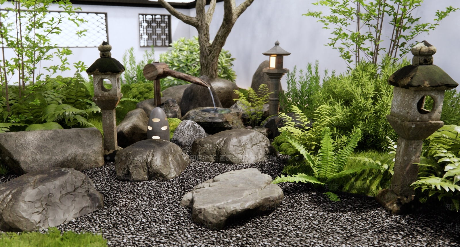 日式枯山水庭院景观小品SU模型下载【ID:1143792515】