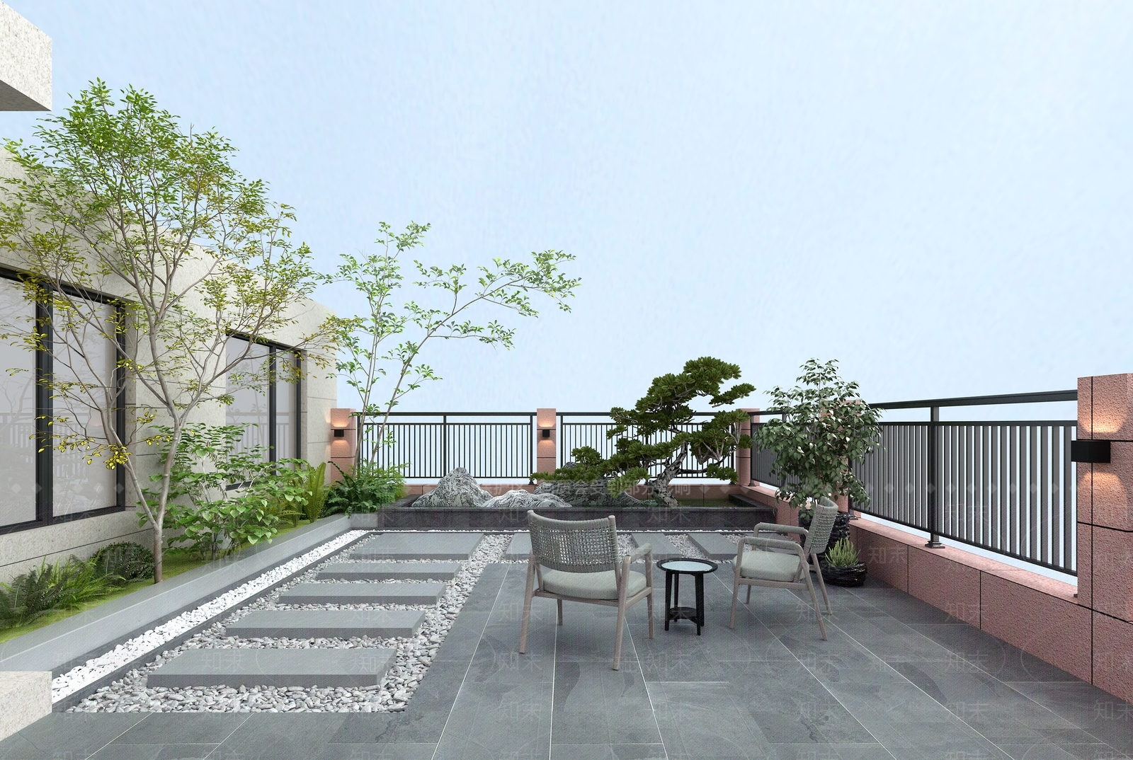 庭院景观新中式庭院植物绿植鹅卵石桌椅3D模型下载【ID:1143648906】