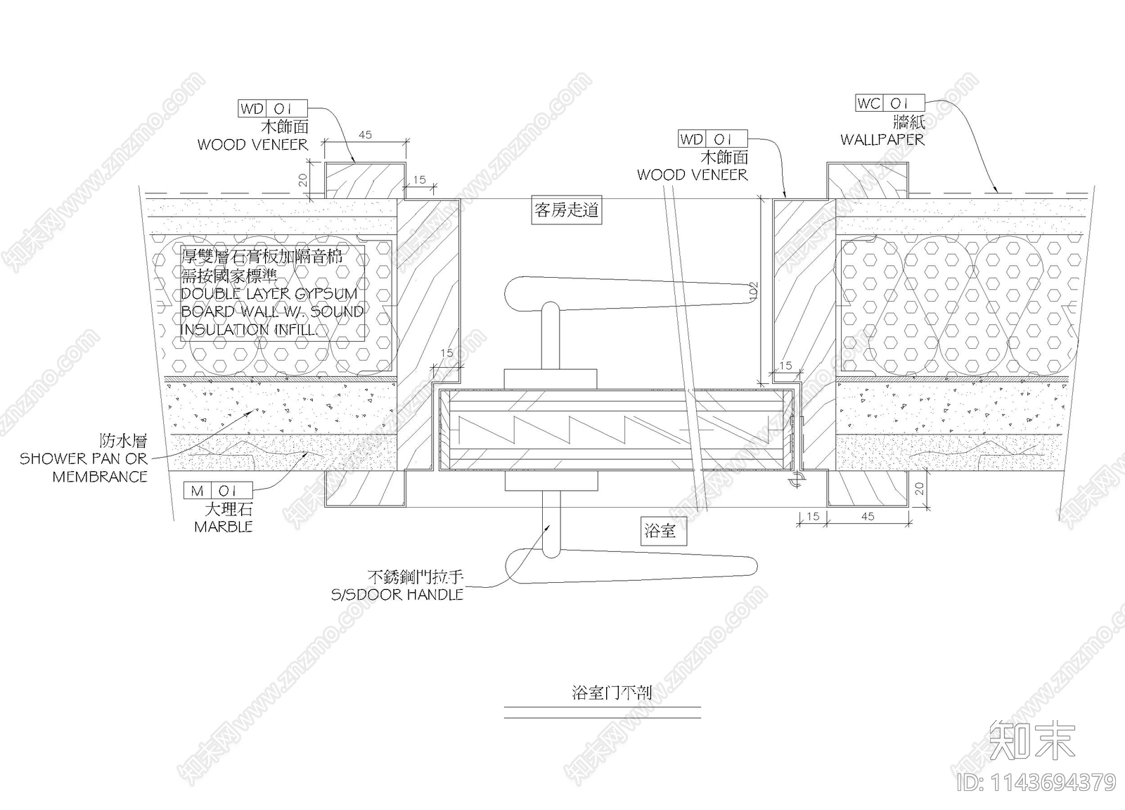 浴室门平剖竖剖cad施工图下载【ID:1143694379】