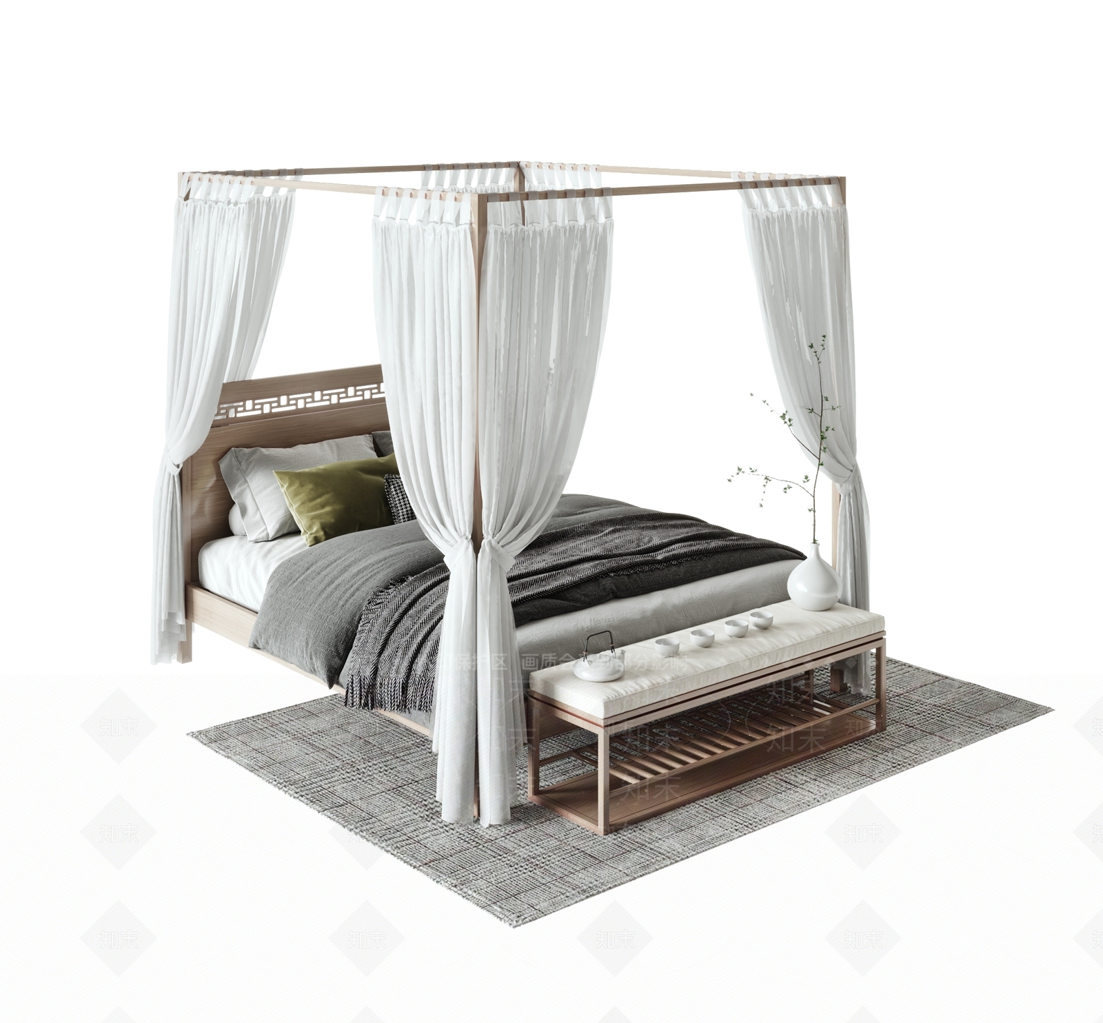 新中式架子蚊帐床3D模型下载【ID:1143695114】